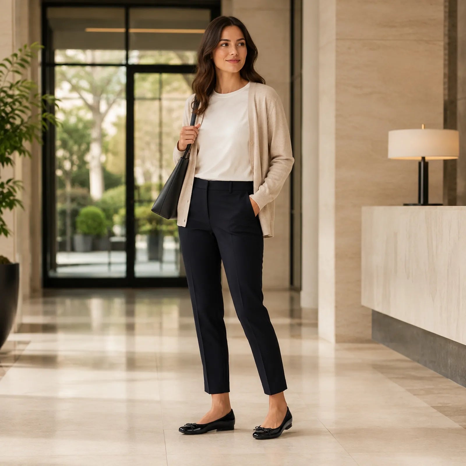 Women’s black leather flat loafers on a model, side profile view