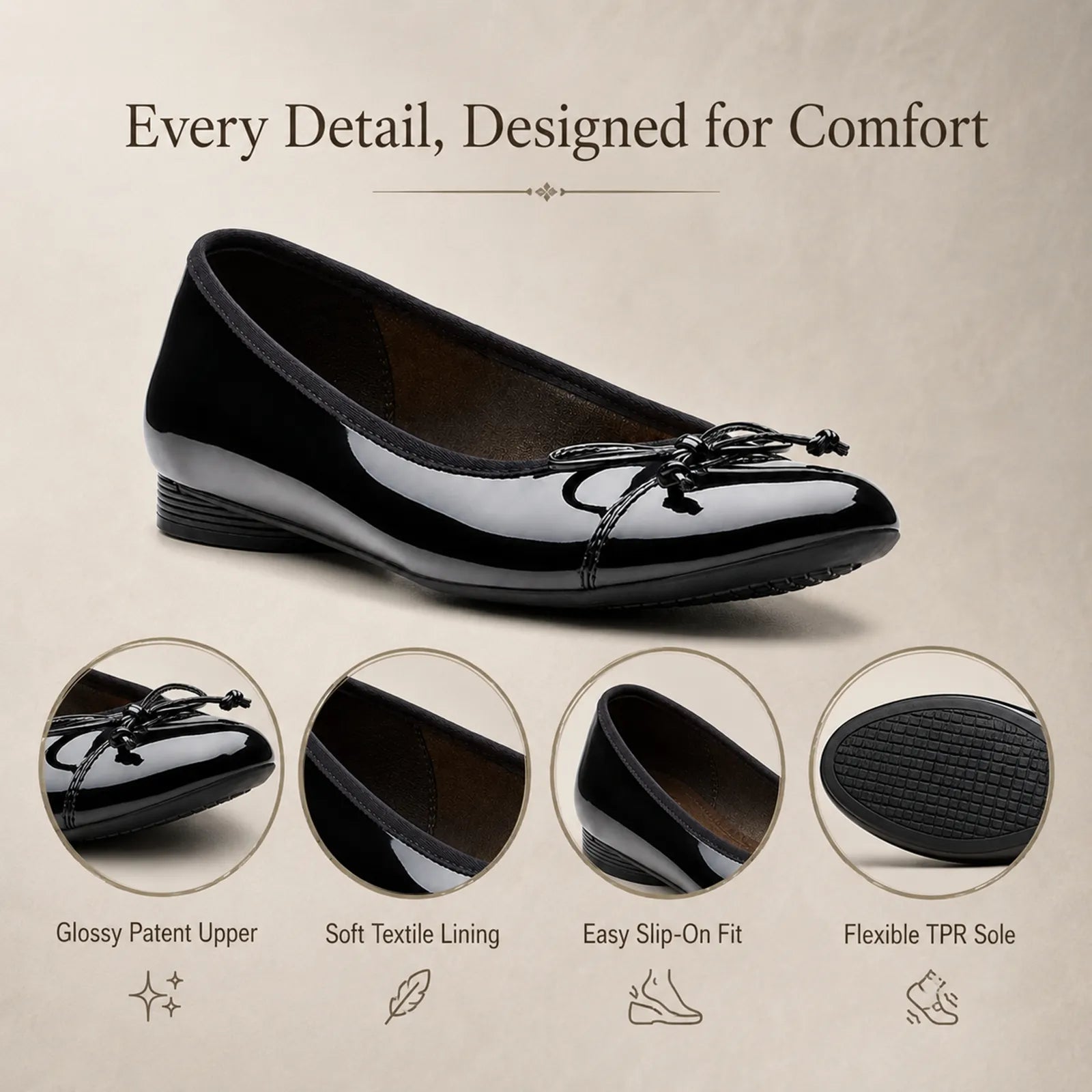 Black patent leather loafer with bow accent, low wedge sole, slip-on design.