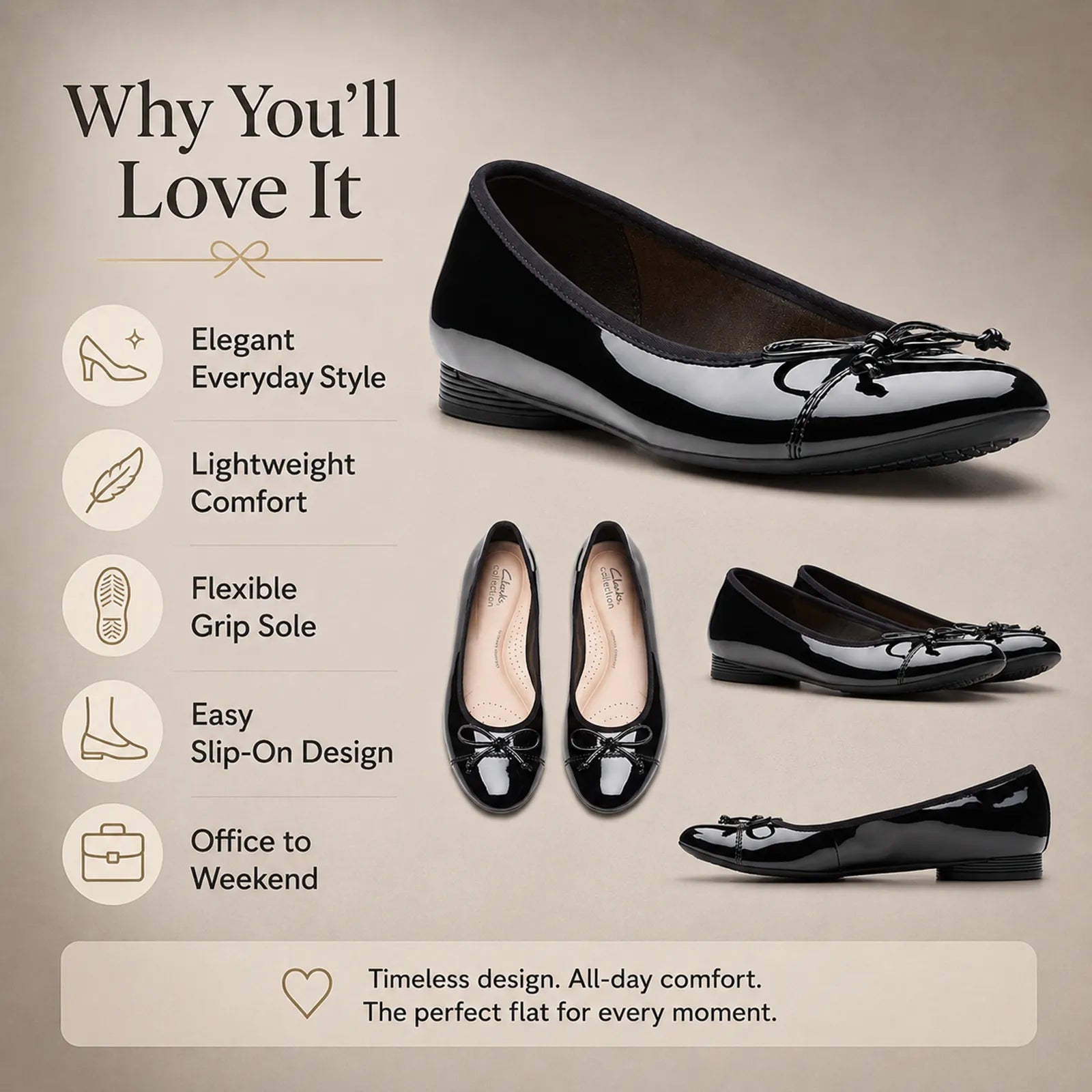 Black patent leather slip-on loafers with bow detail and low wedge sole.