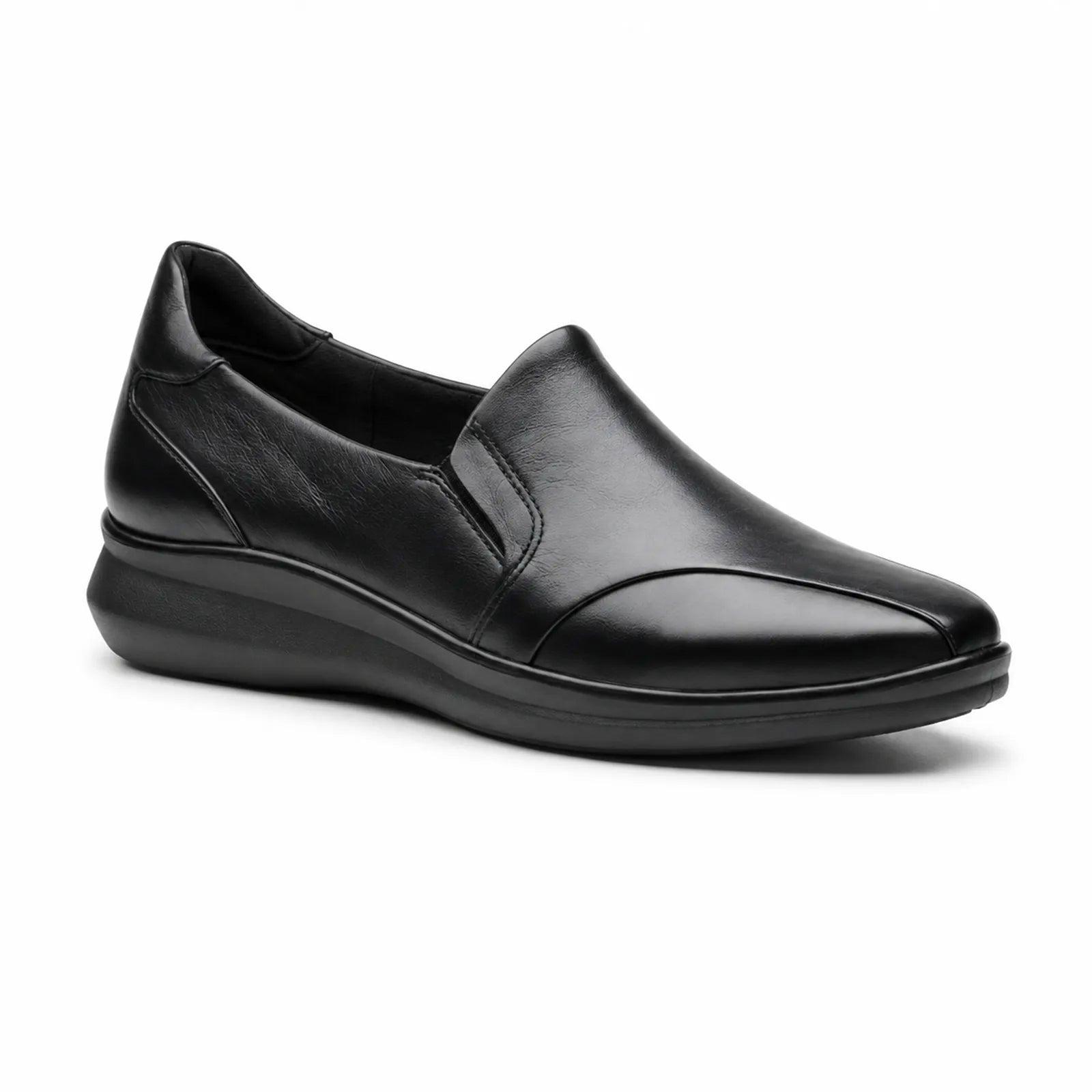Black leather slip-on fashion shoes with cushioned wedge sole and side strap detail