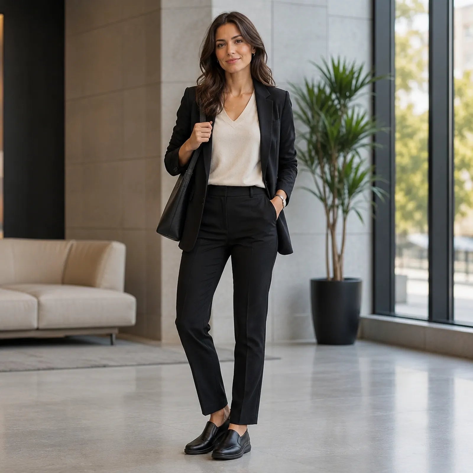 Black leather slip-on shoes on model with cropped trousers