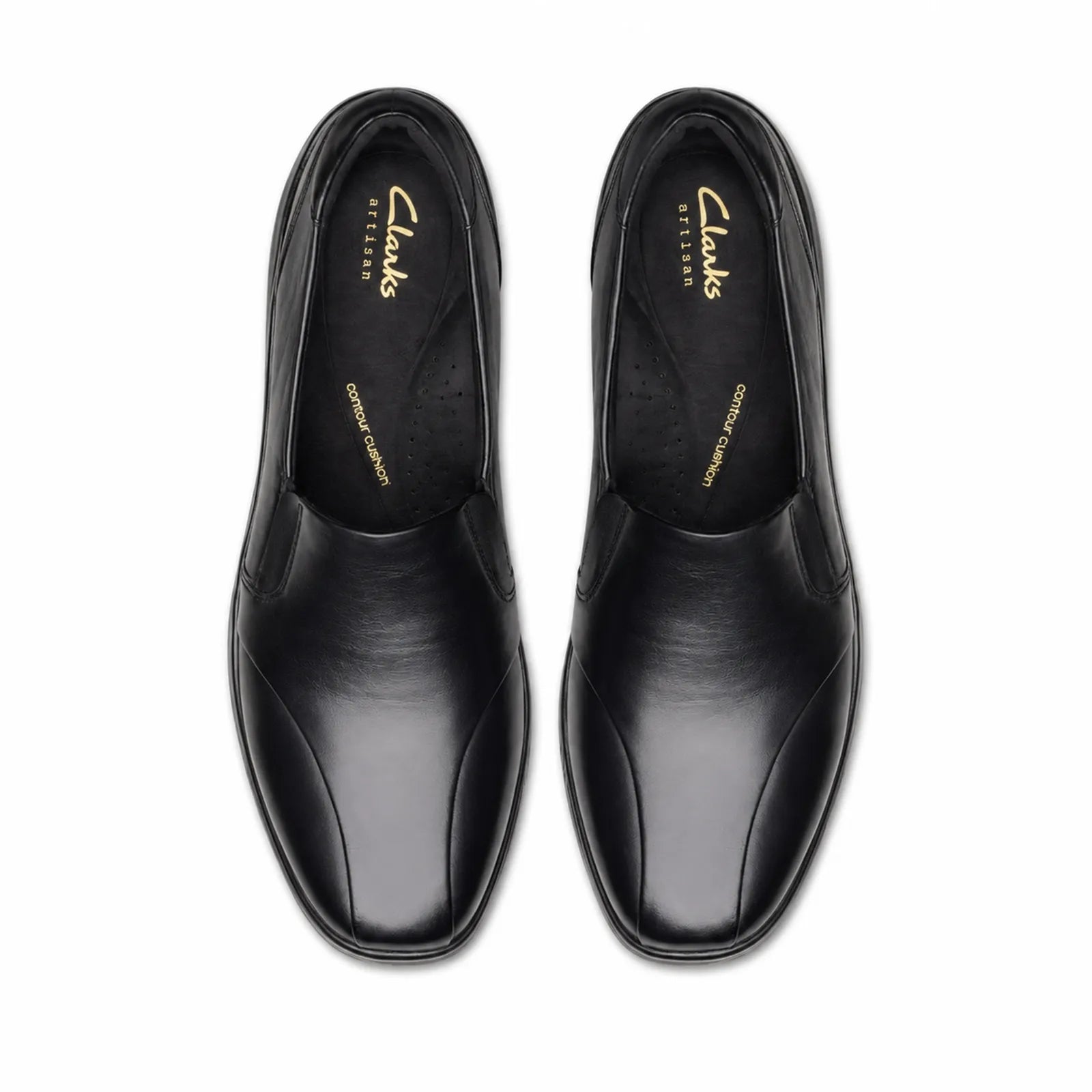 Black leather slip-on shoes pair with smooth uppers and Clarks logo lining