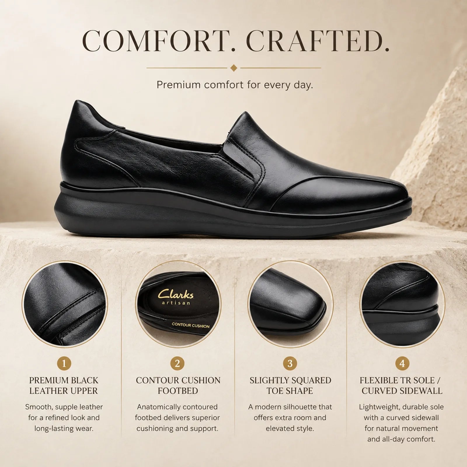 Black leather slip-on fashion shoe with comfort callout icons