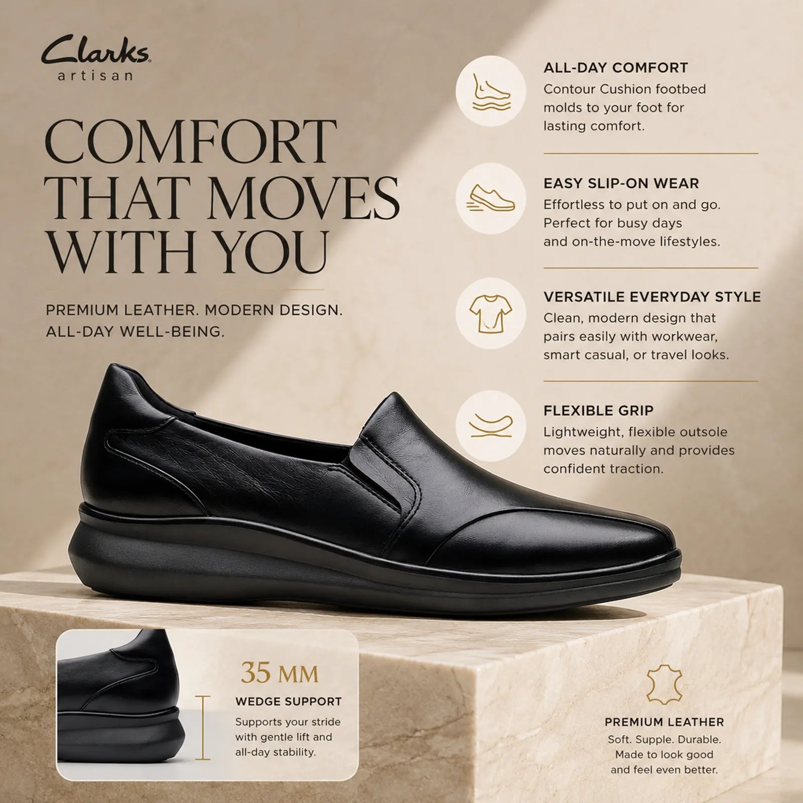 Clarks Lynell Edge women's black leather slip-on fashion casual shoes with cushioned insole