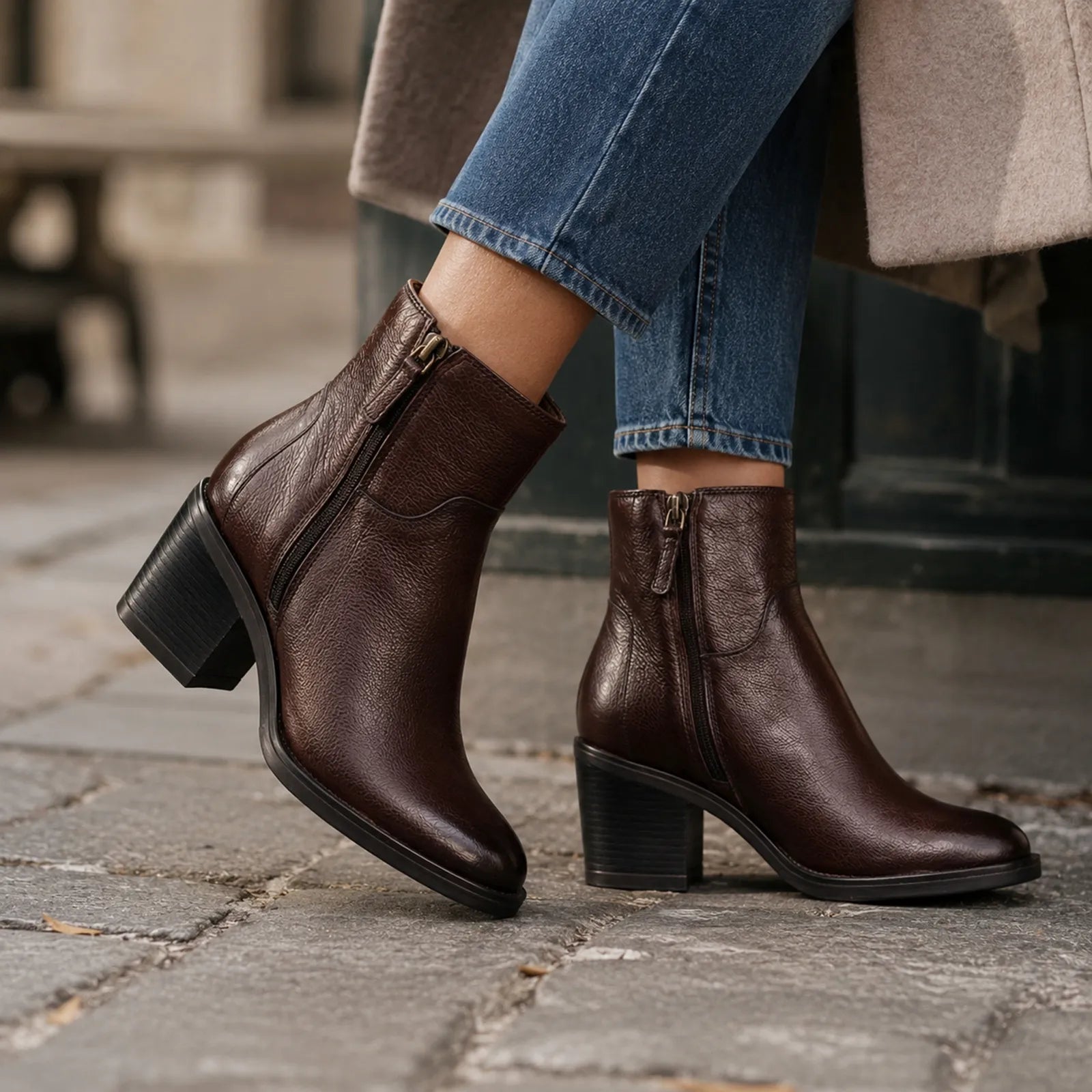 Women's dark brown leather ankle boots with rounded toe, block heel, side zip