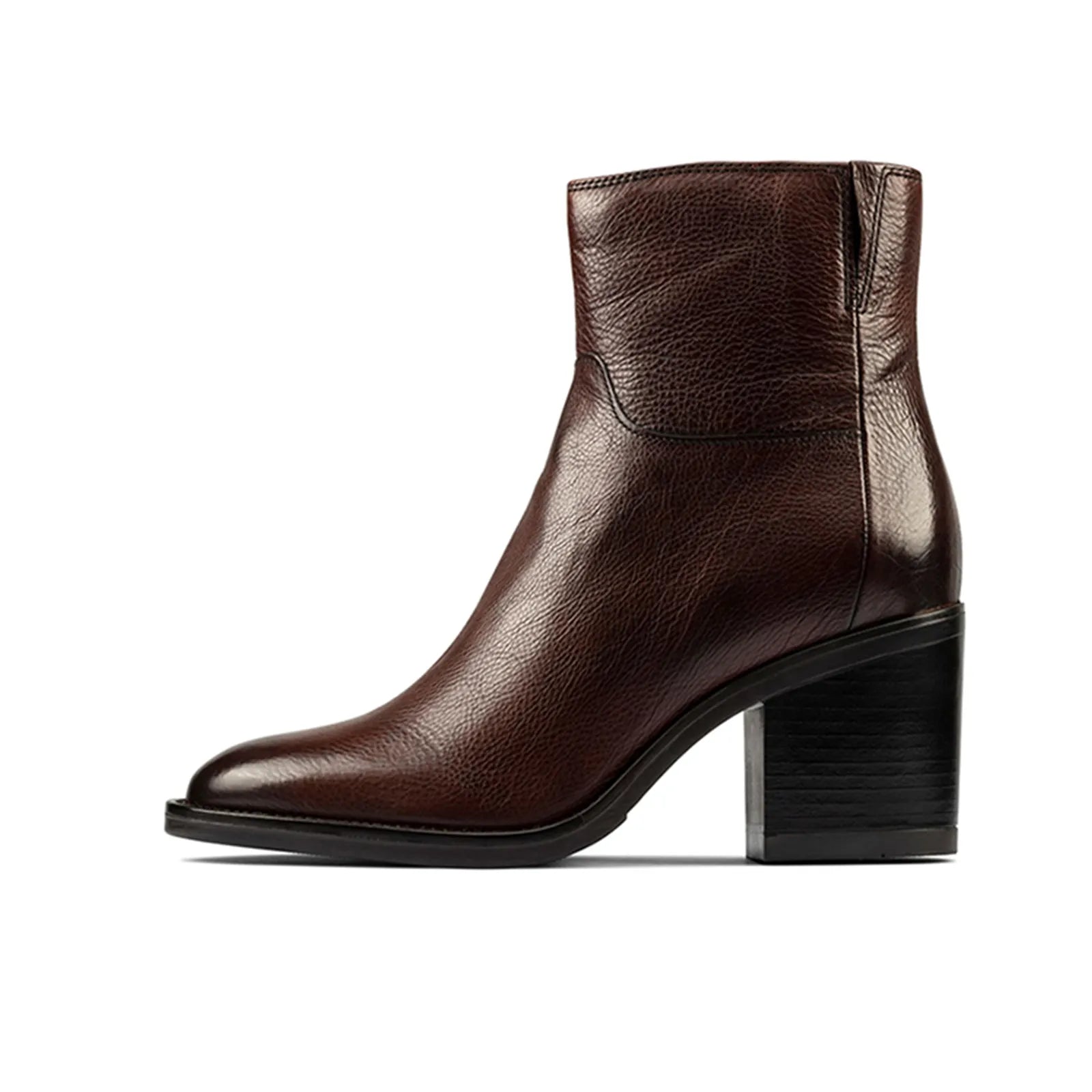 Women's dark brown leather ankle boot with low block heel and side zip