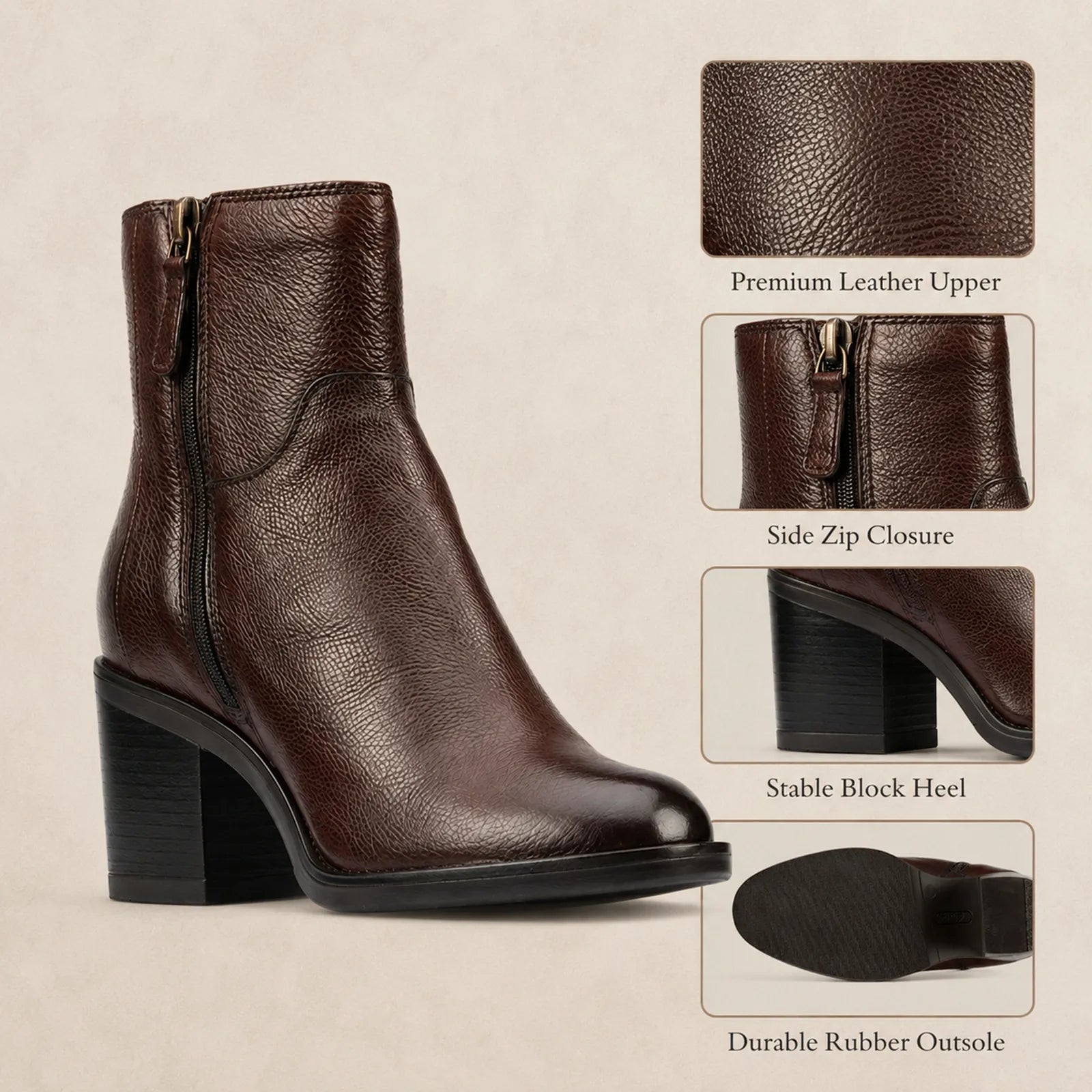 Women's dark brown leather ankle boot with side zip closure and block heel