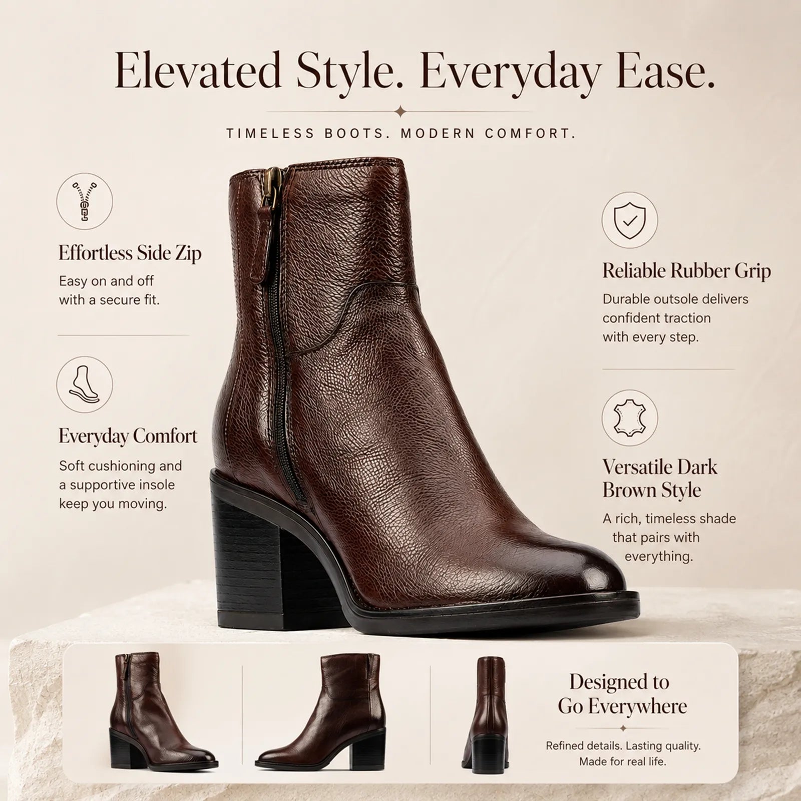 Women’s dark brown leather ankle boots with side zip and block heel
