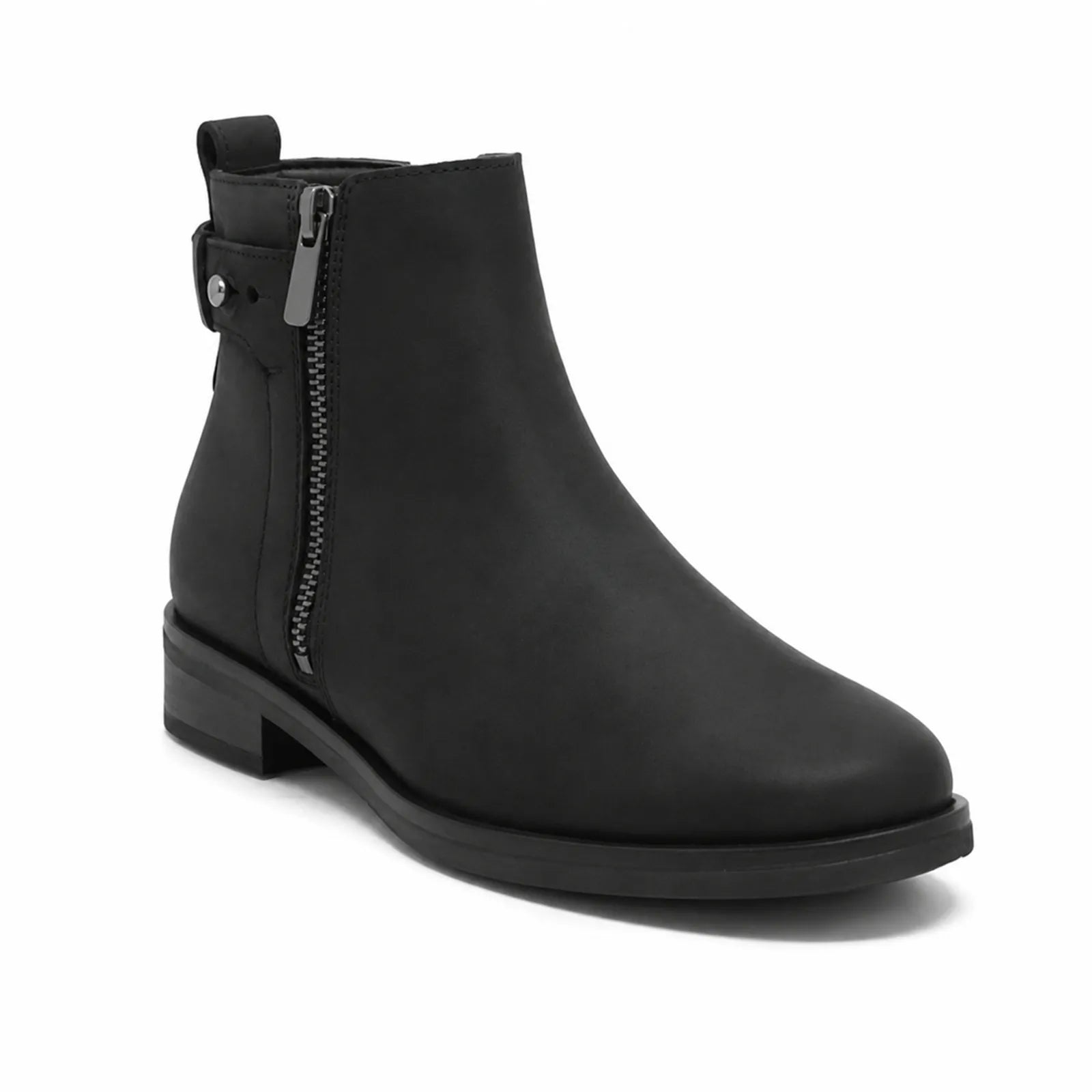 Black leather ankle boots with side zipper and low block heel