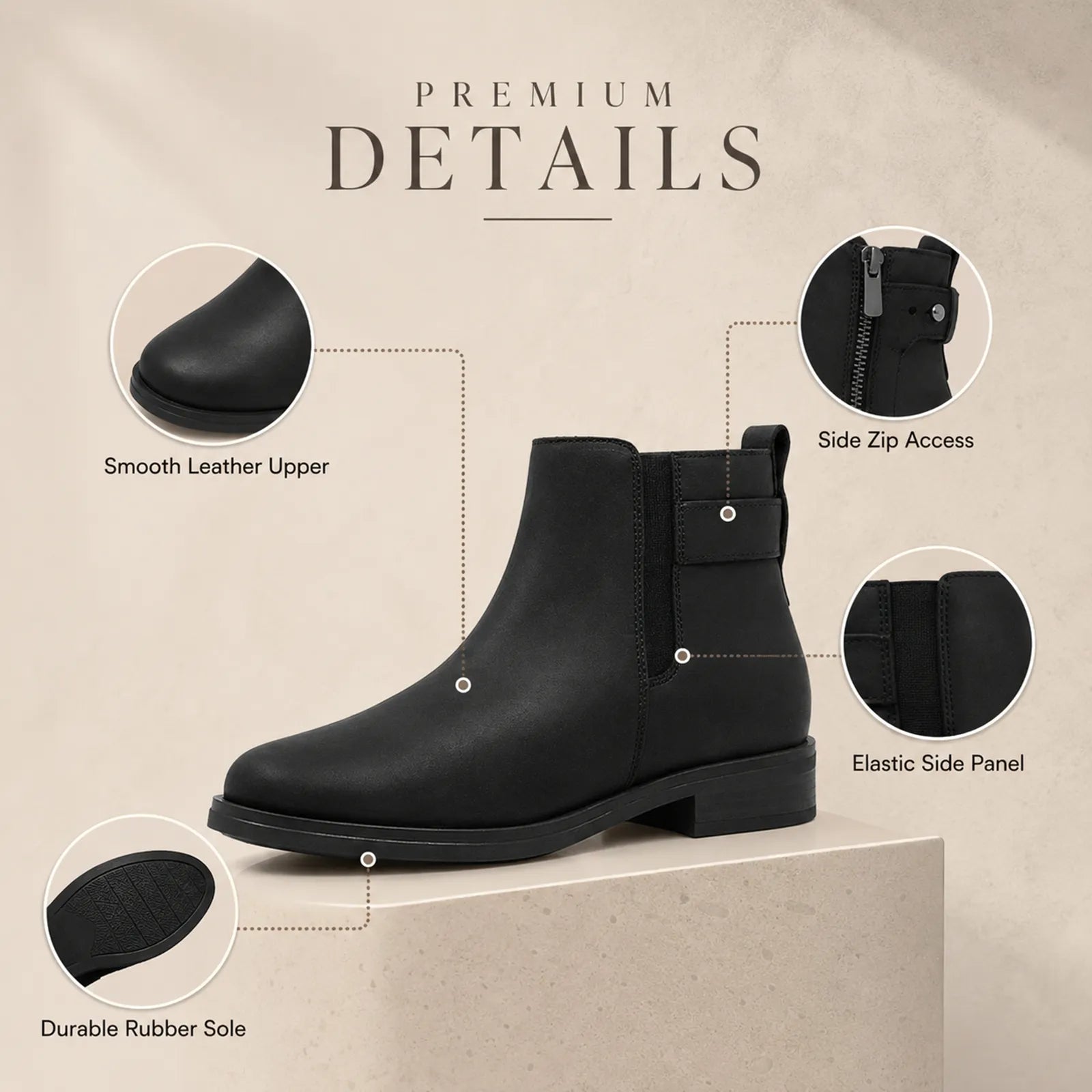 Women’s black leather ankle boot with side zip and elastic side panels, low stacked heel