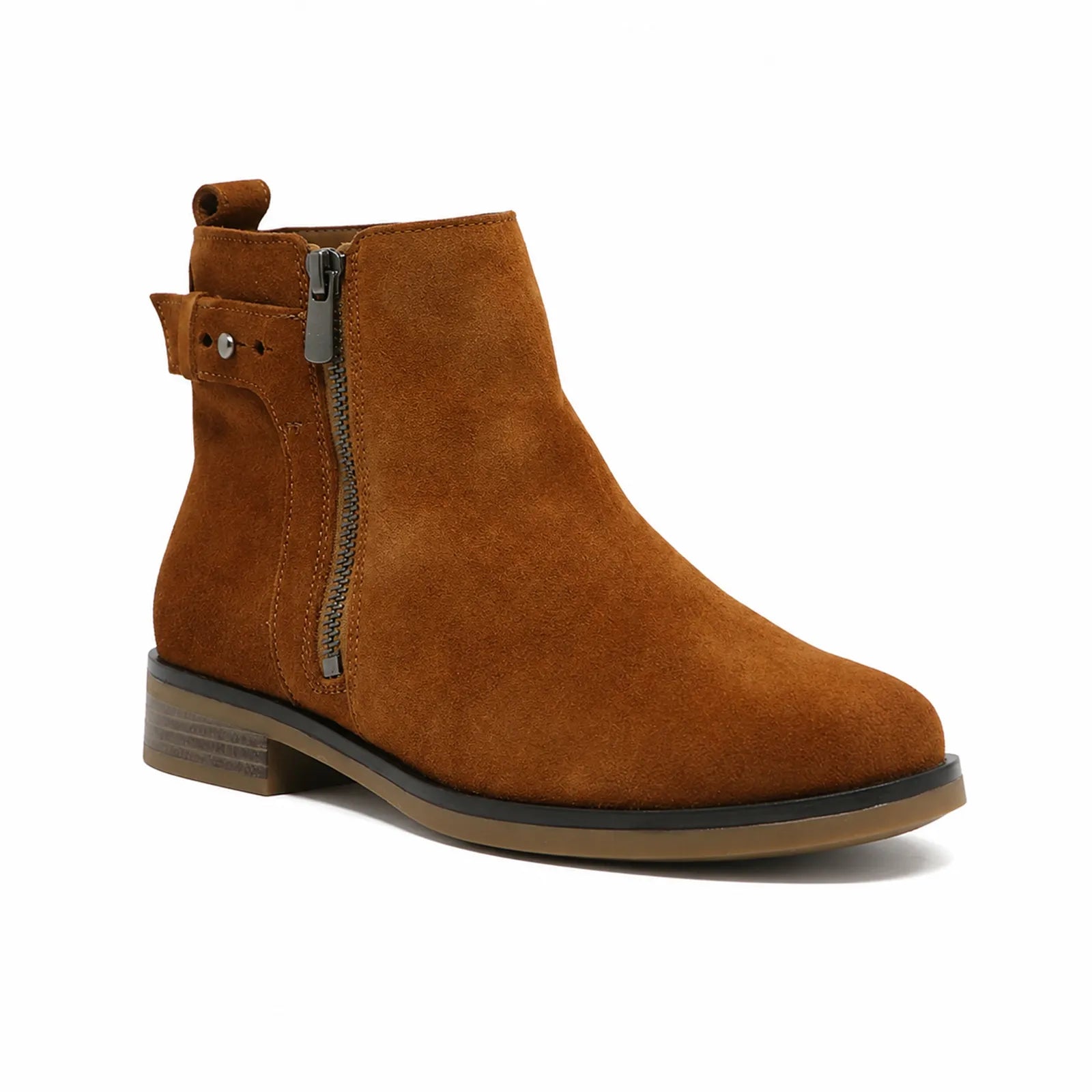 Dark brown suede ankle boots with side zipper and low block heel
