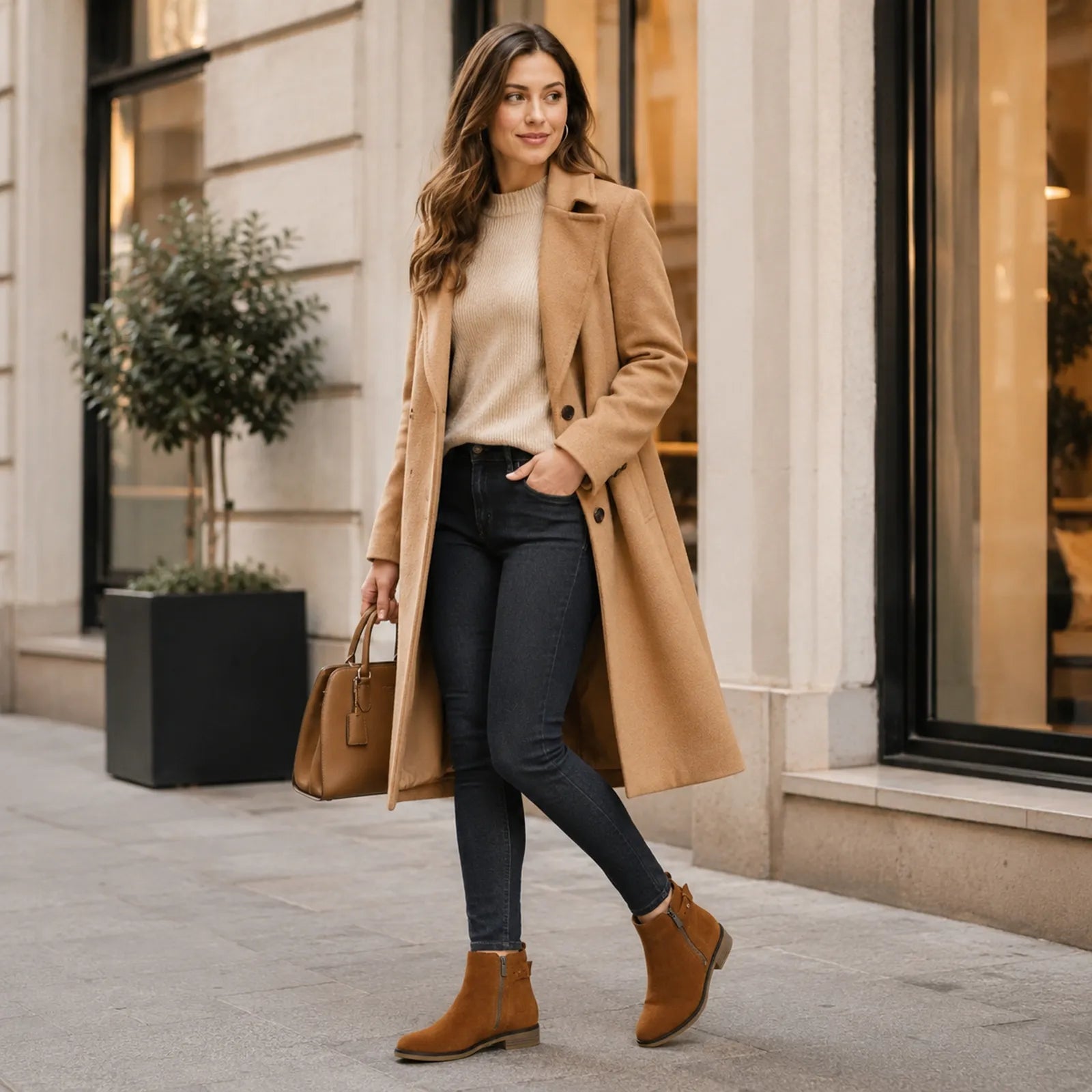Dark brown suede ankle boots with side zipper, low block heel