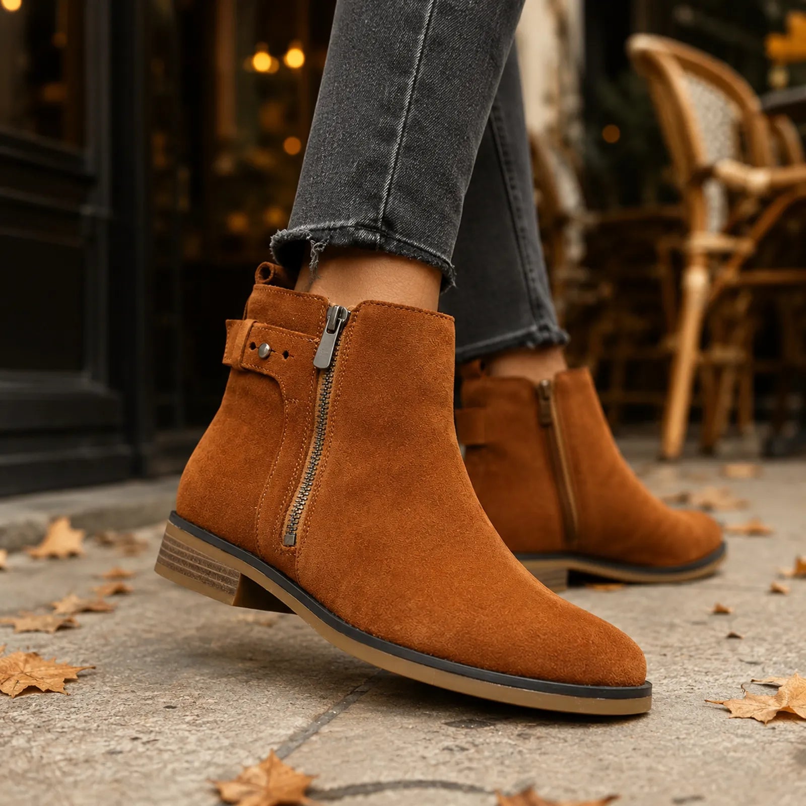 Dark brown suede ankle boots with side zip and textured low block sole