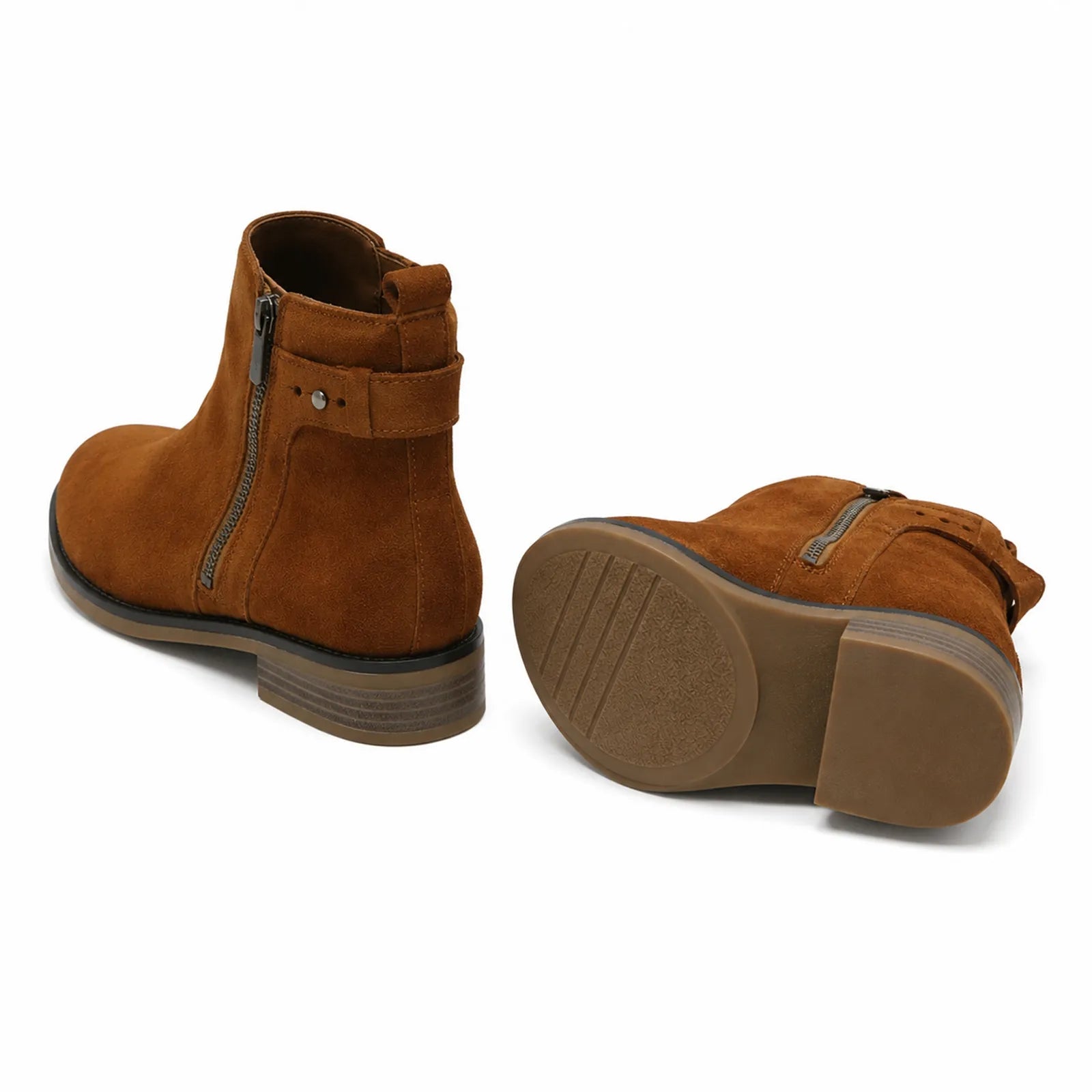 Dark brown suede ankle boots, side zip detail and grippy rubber sole