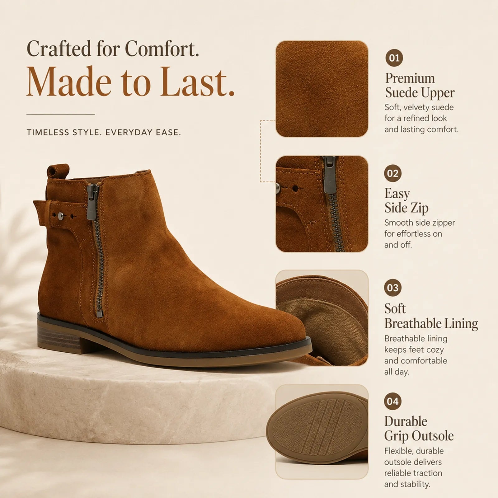 Dark brown suede ankle boot with easy side zip and cushioned lining