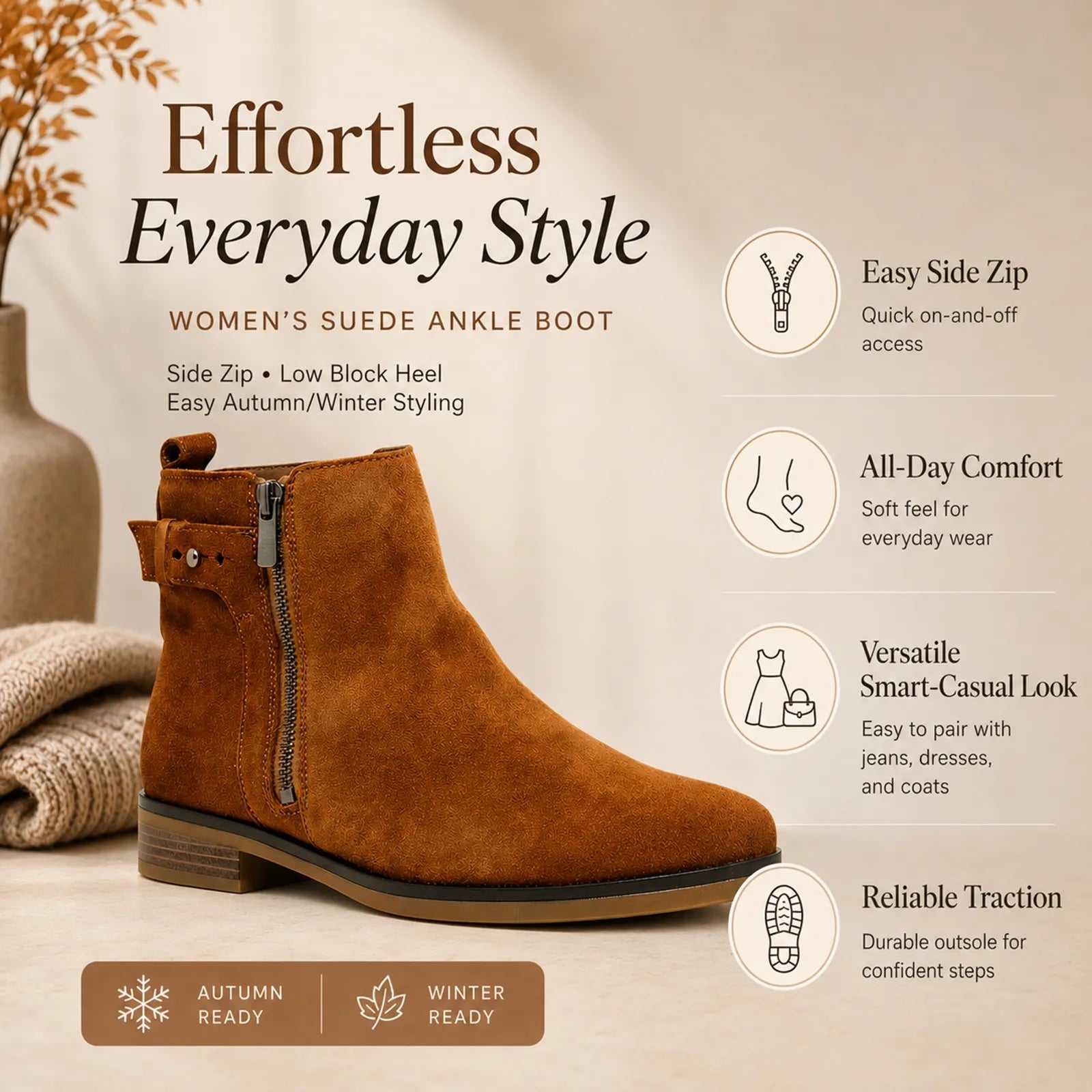 Dark brown women's suede ankle boot with side zip and low block heel