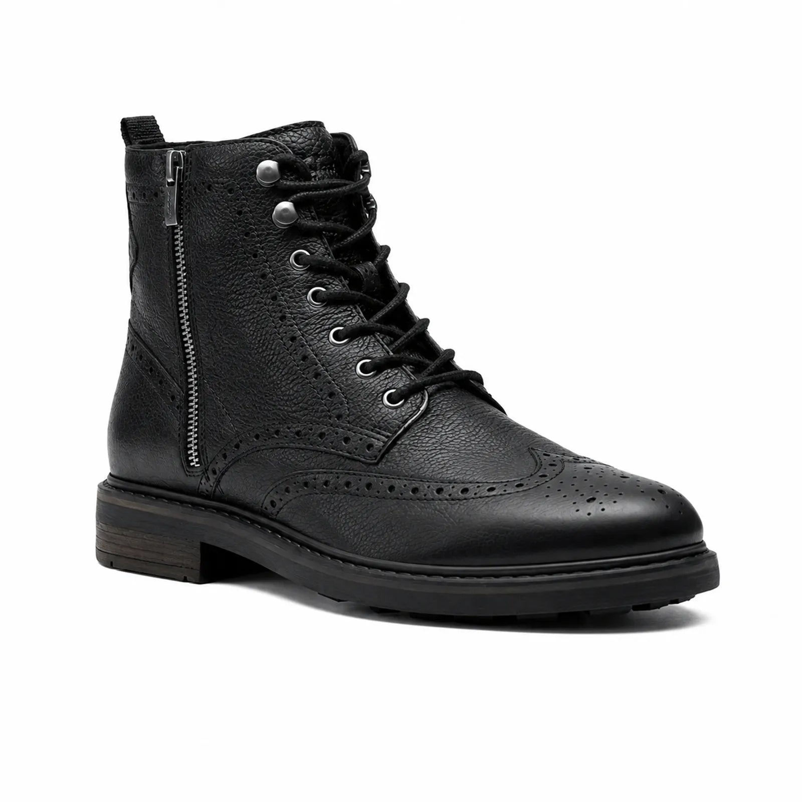 Men's black leather lace-up ankle boots with side zipper