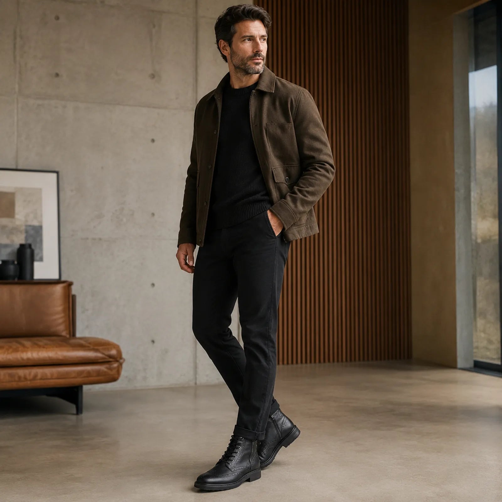 Men's black leather lace-up ankle boots worn with dark pants