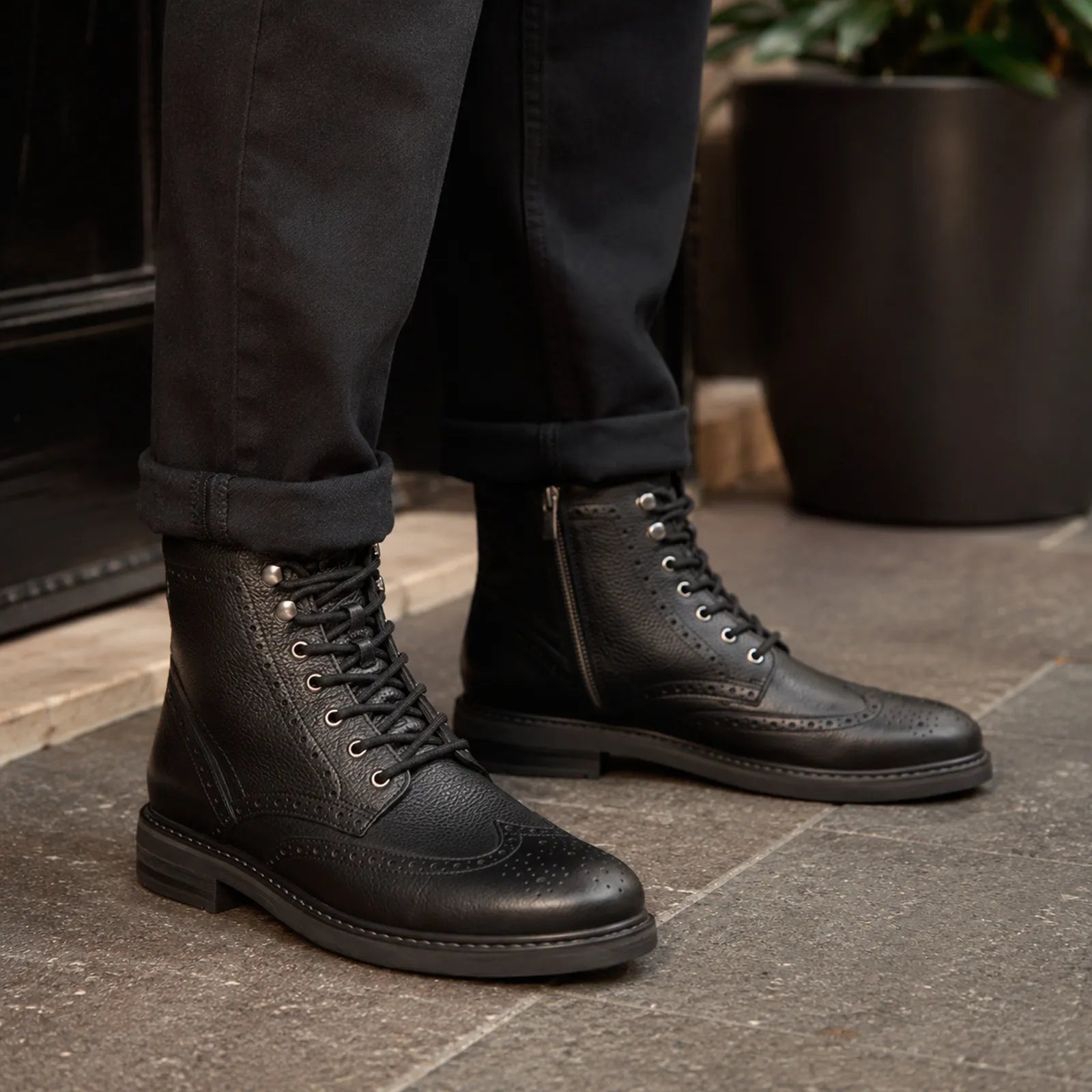 Men's black leather ankle boots with lace-up front and side zipper