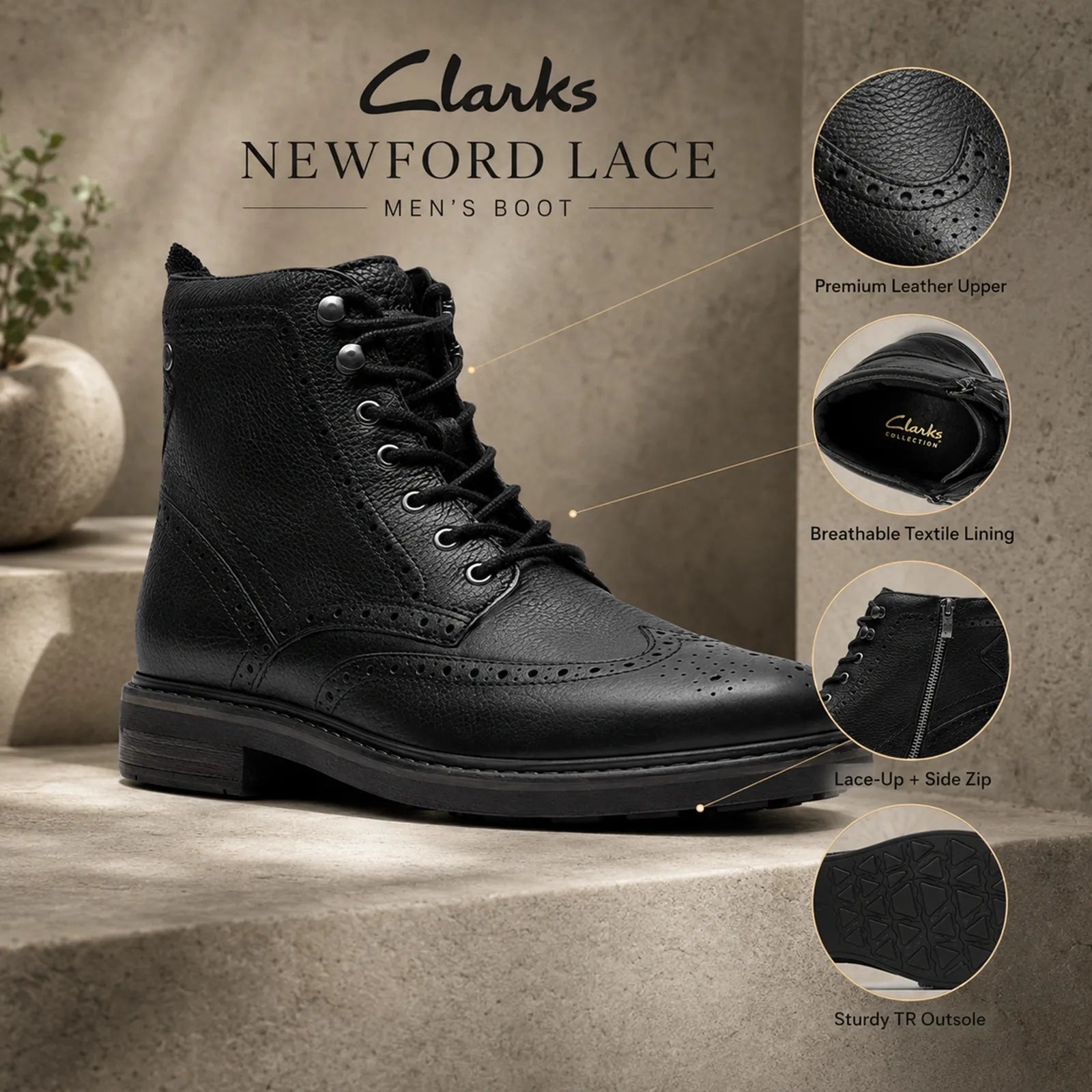 Men's black leather lace-up ankle boots with side zipper detail