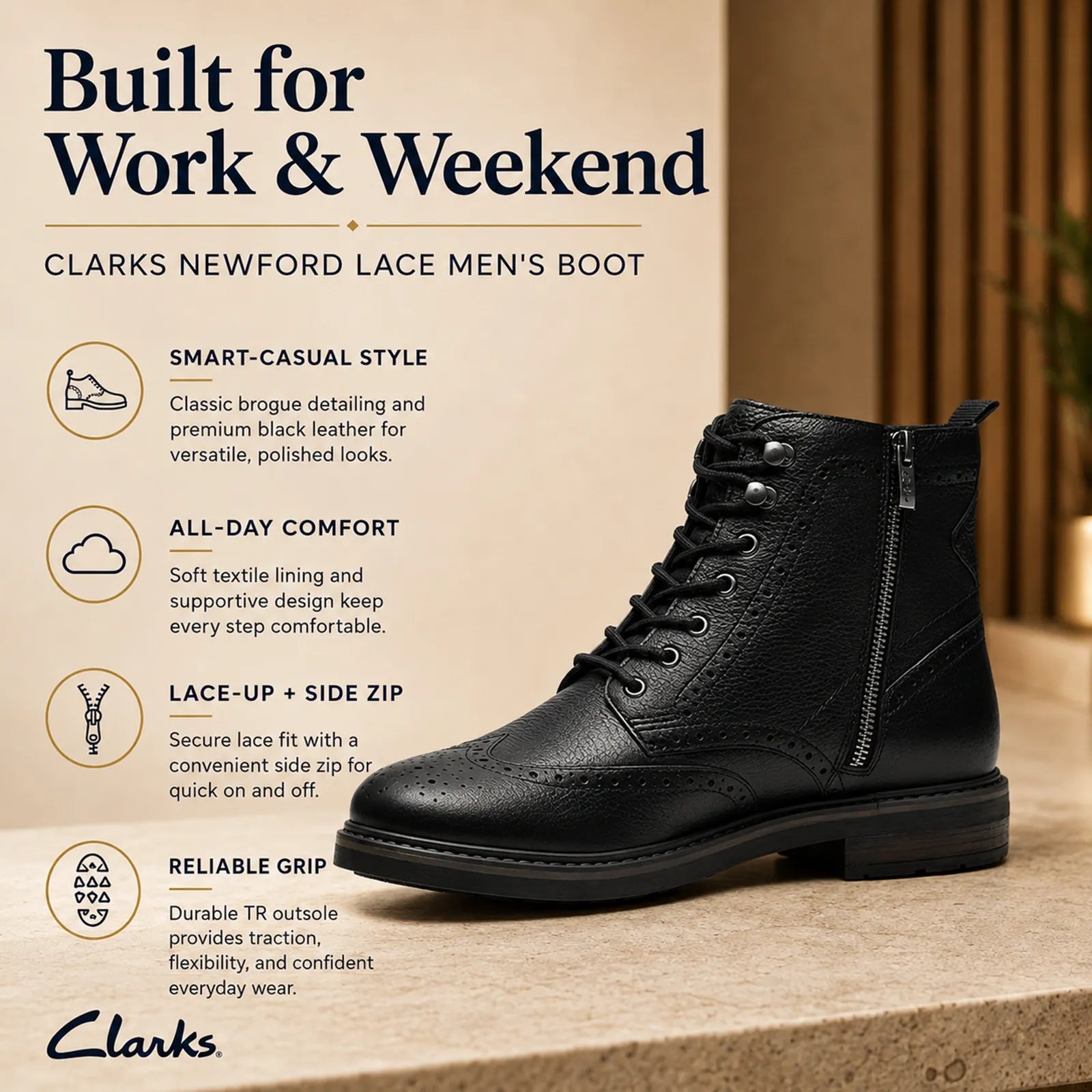 Men's black leather lace-up ankle boot with side zipper and lace eyelets