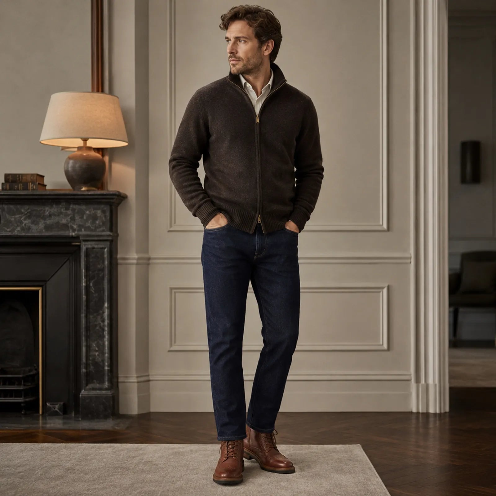 Men's brown leather lace-up ankle boots worn with jeans