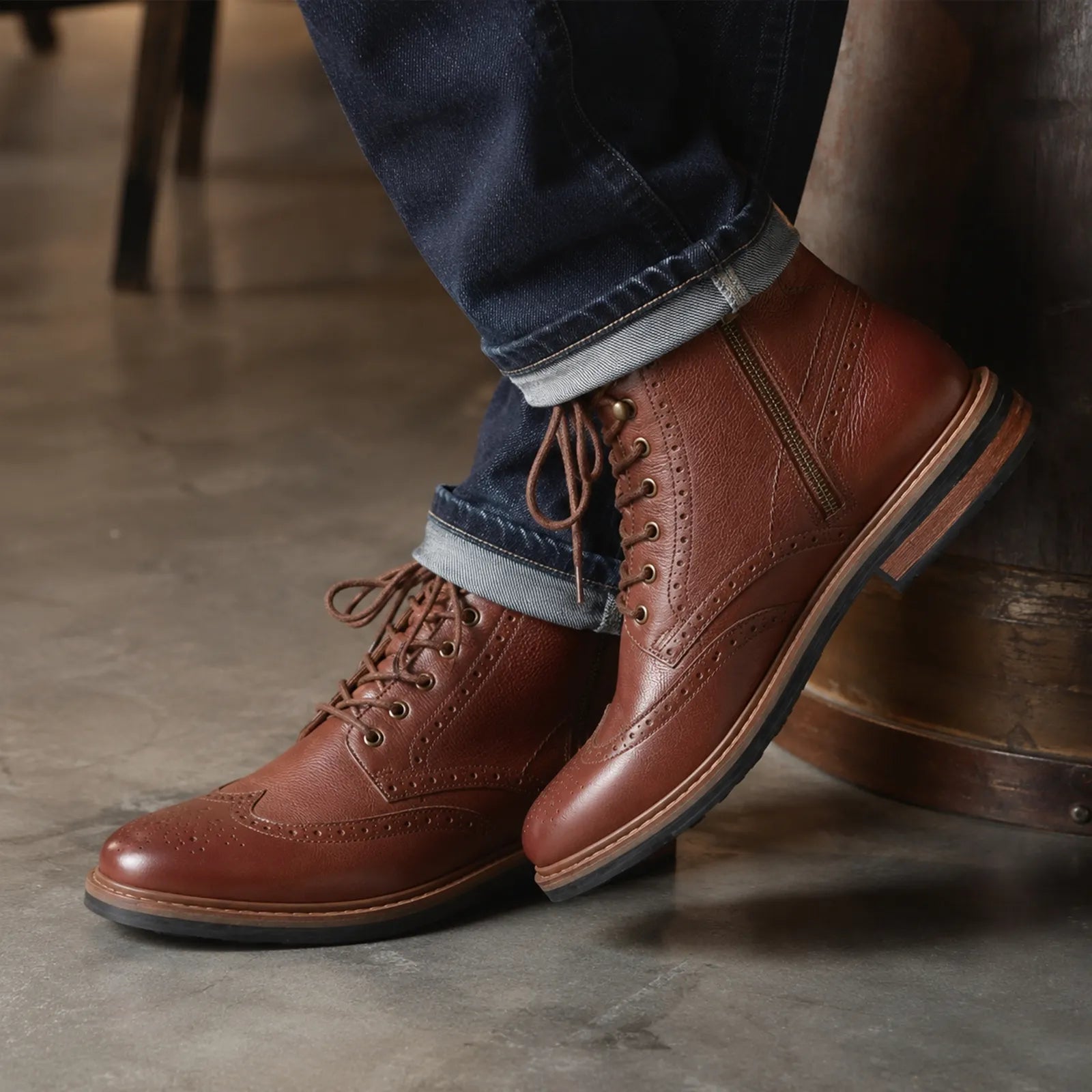 Men's brown leather lace-up ankle boots with thick tread sole