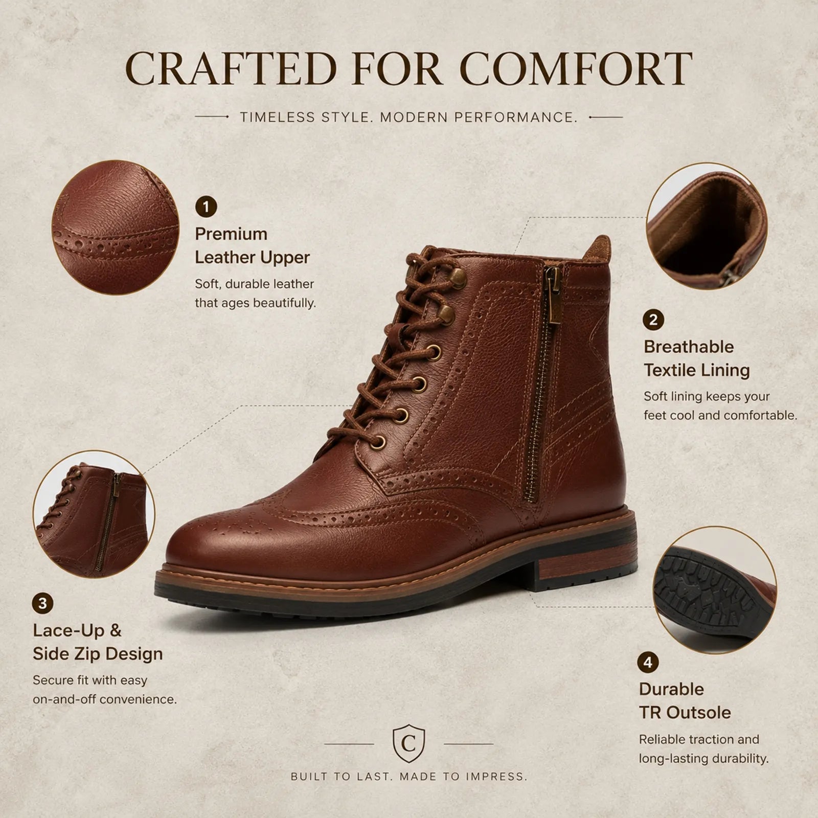 Men's brown leather lace-up ankle boot with side zipper and cushioned lining