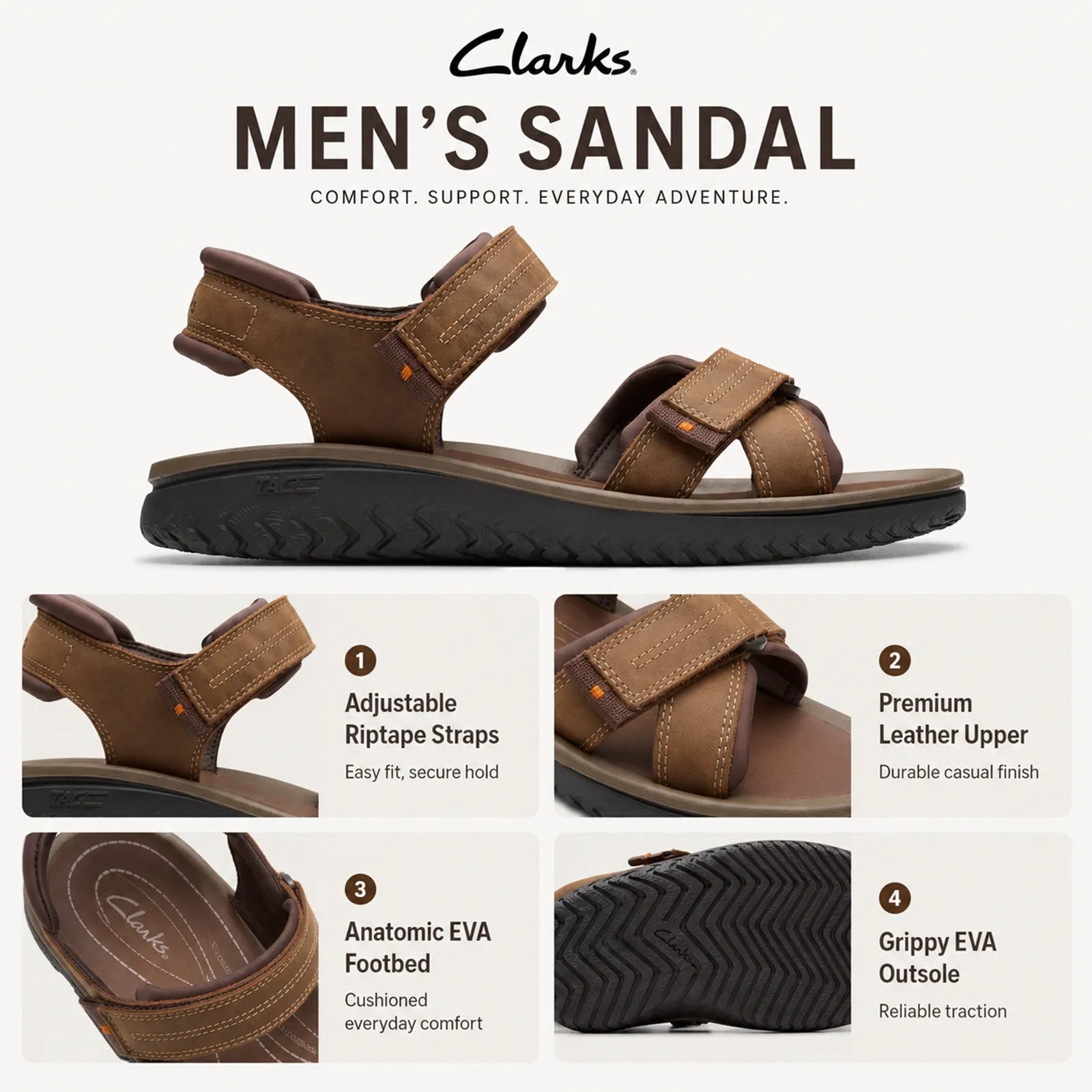 Mens brown leather sandal with adjustable rip-tape straps and textured outsole