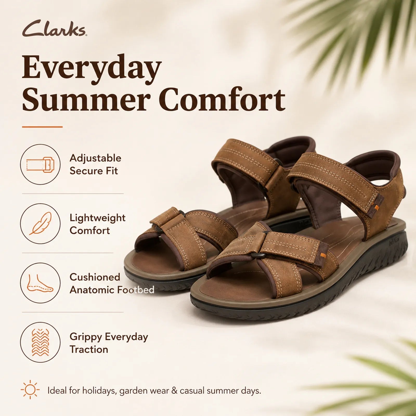 Mens brown leather sandals with adjustable straps and cushioned footbed