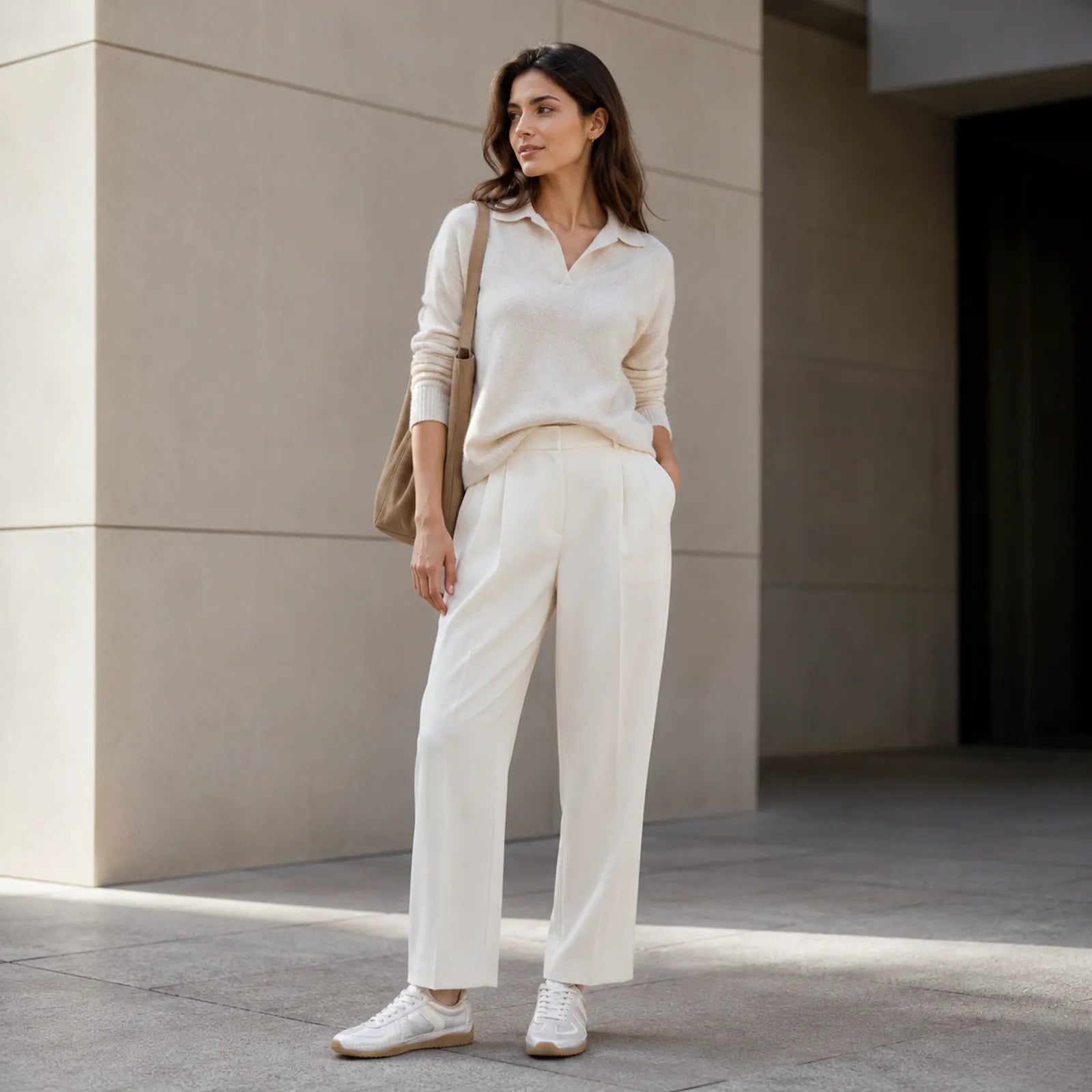 Women’s metallic silver lace-up sneakers with gum soles worn with an all-white outfit