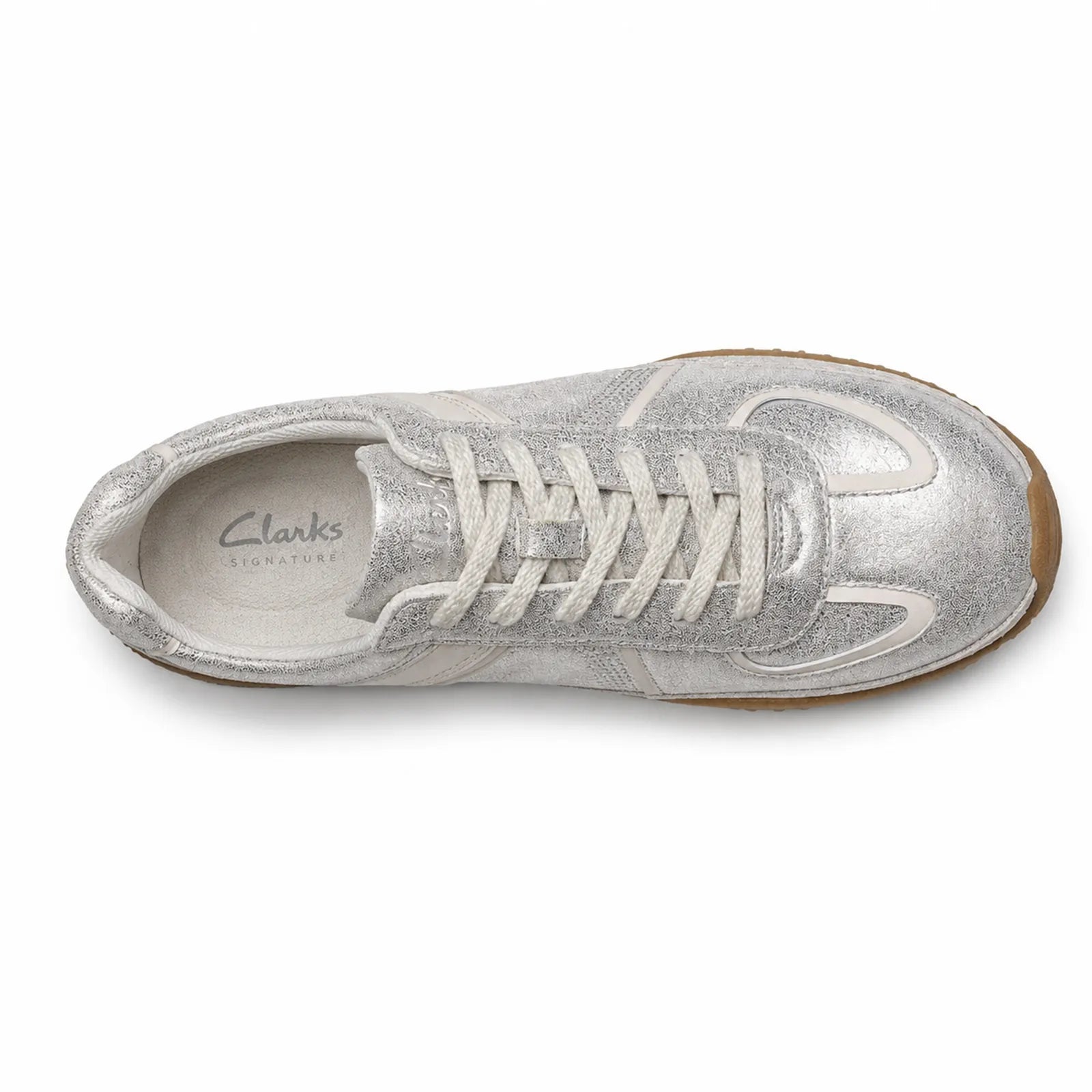 Metallic silver sneaker with lace-up closure and textured panels, gum rubber sole