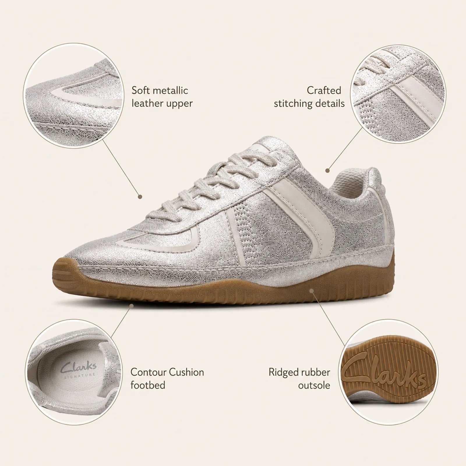 Metallic silver lace-up leather sneaker with off-white side panels and ridged gum outsole