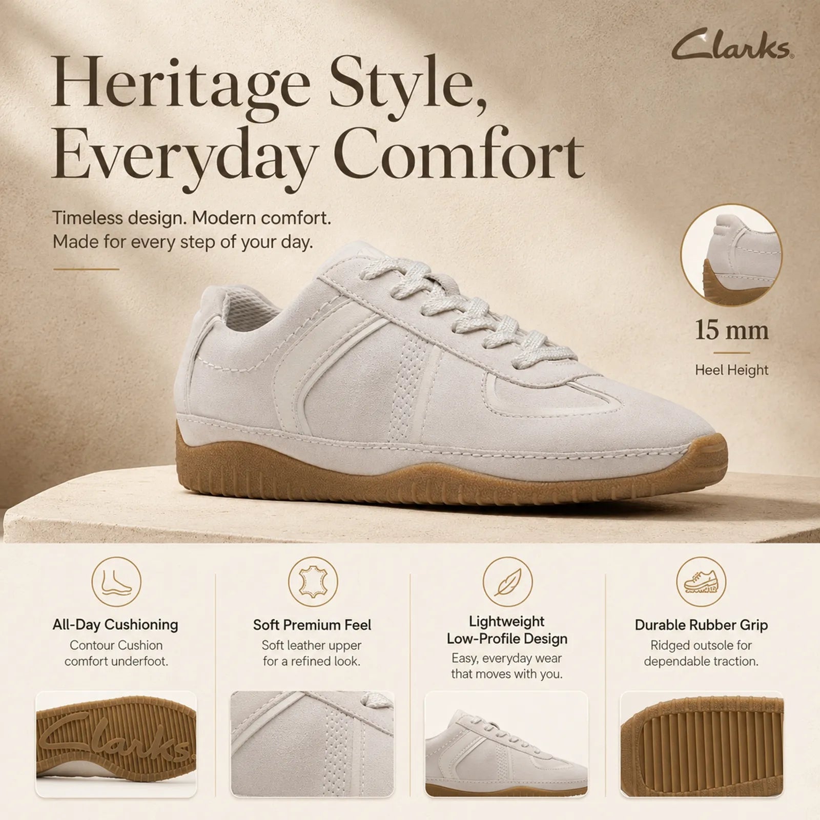 Clarks off-white leather sneakers, lace-up style with gum outsole and 15 mm heel