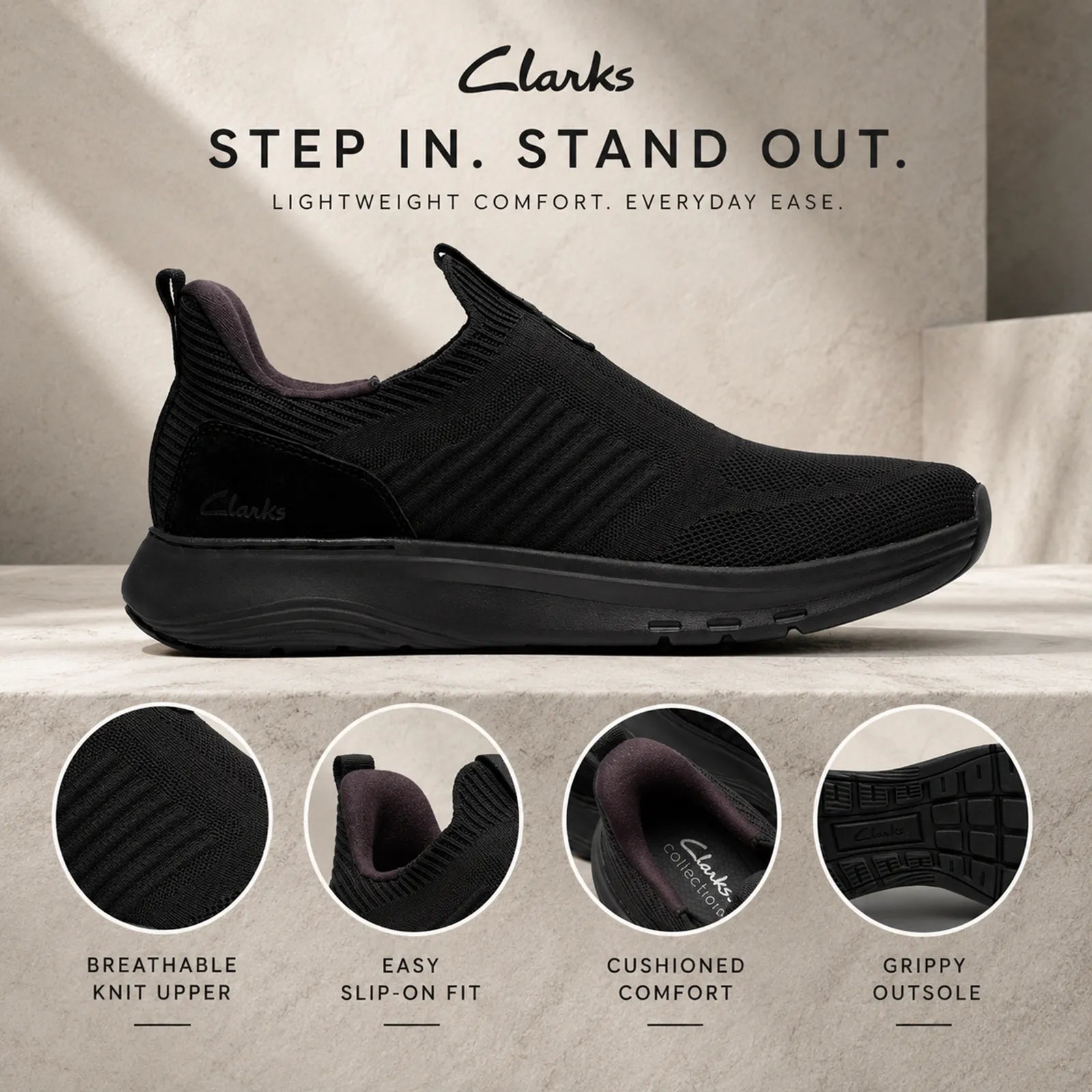Close-up detail of Clarks Motion Trek IN black engineered knit upper and leather heel overlay