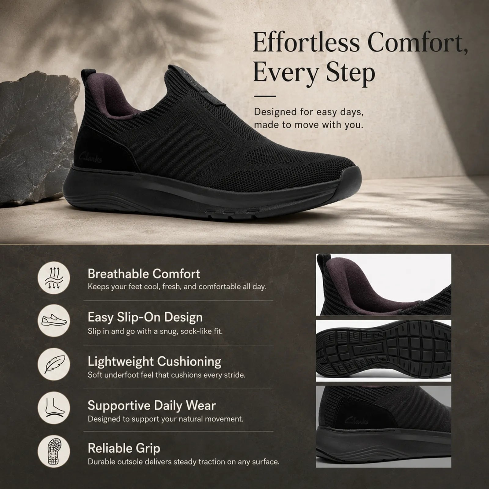 Clarks Motion Trek IN sneakers featuring moulded comfort footbed and impact-absorbing EVA midsole