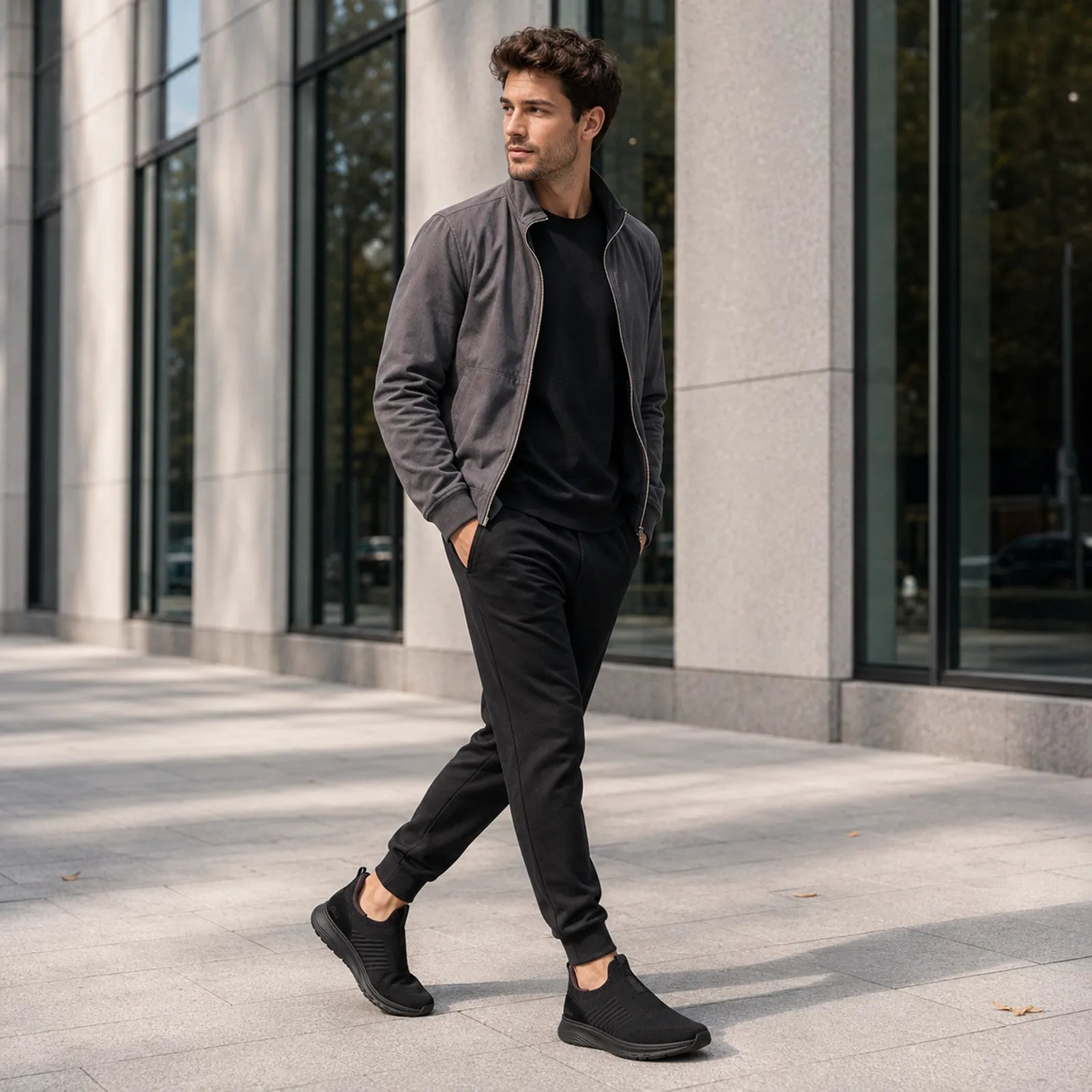 Man wearing Clarks Motion Trek IN black slip-on sneakers for casual walking and travel