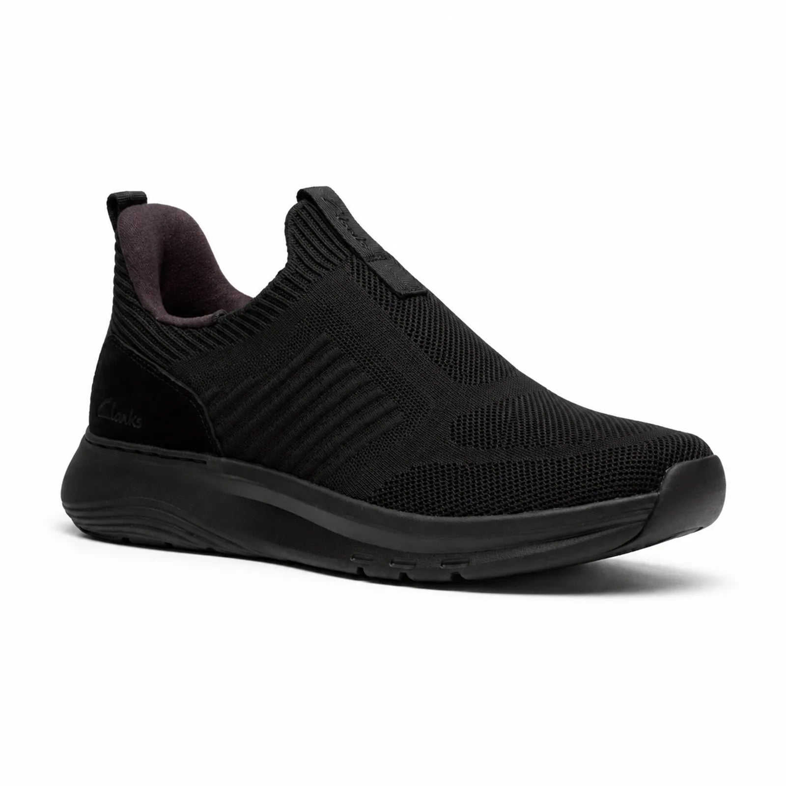 Clarks Motion Trek IN men's black slip-on sneakers with breathable engineered knit upper