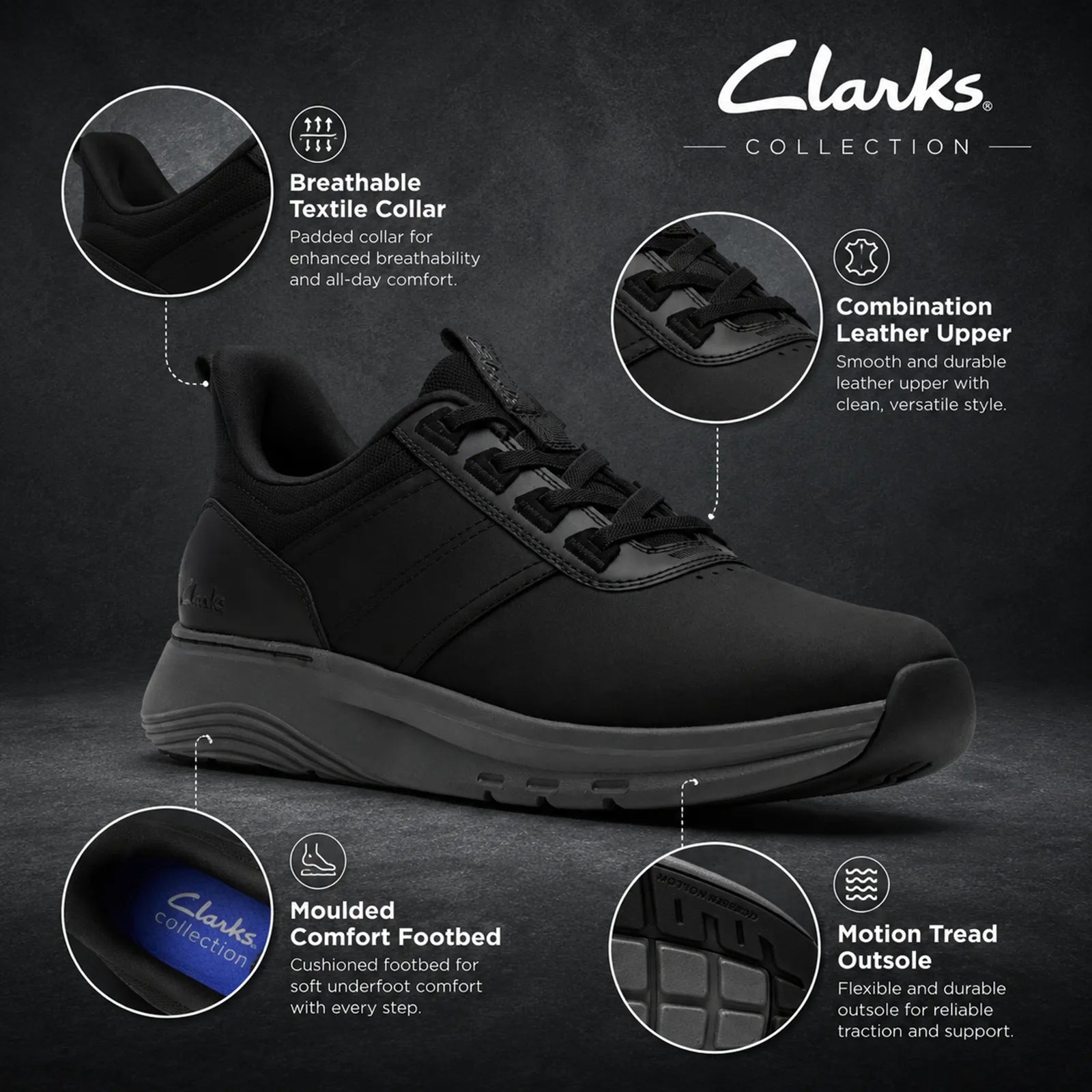 Close-up detail of Clarks Motion Trek LX black leather upper with lace fastening