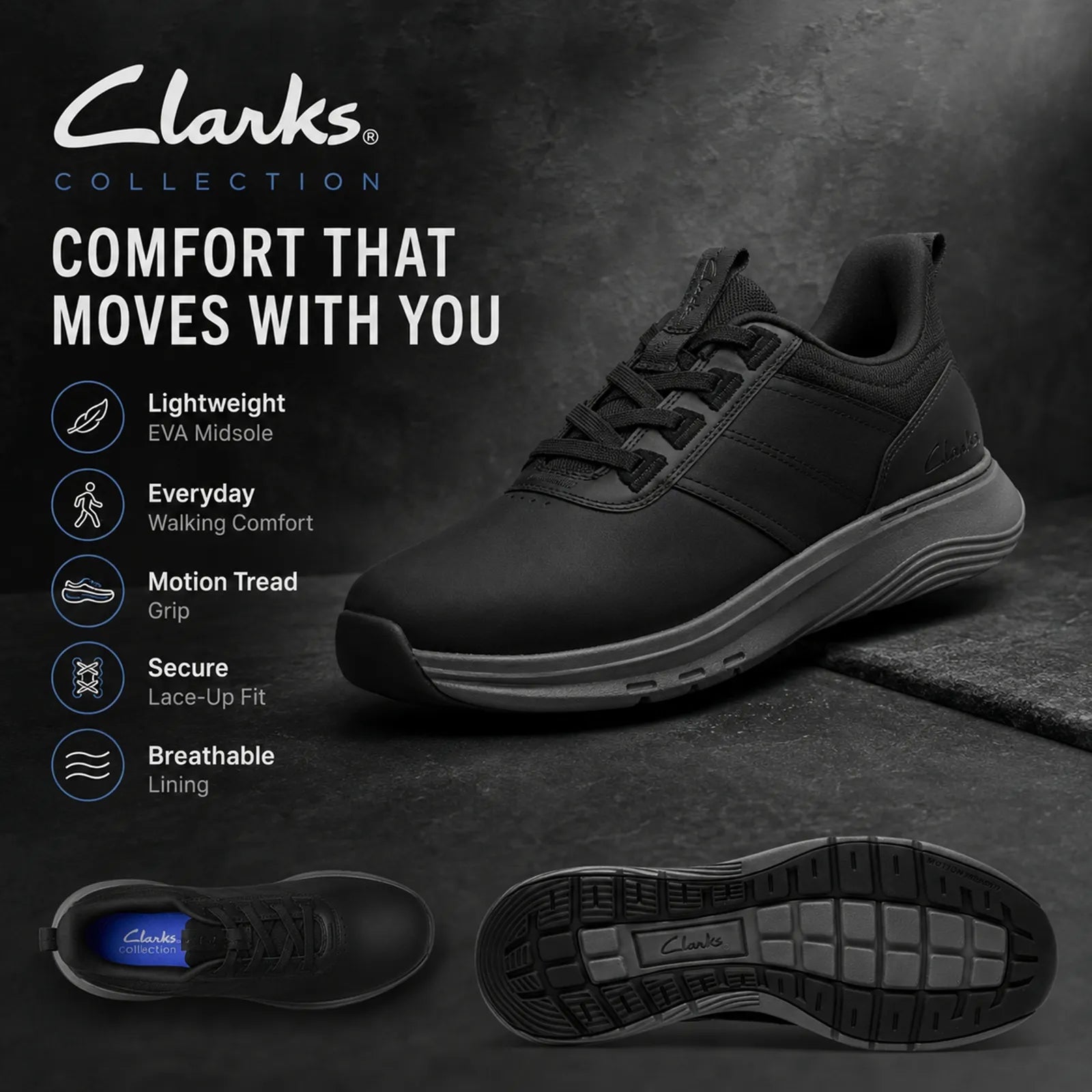 Clarks Motion Trek LX sneakers featuring Motion Tread technology and cushioned walking comfort
