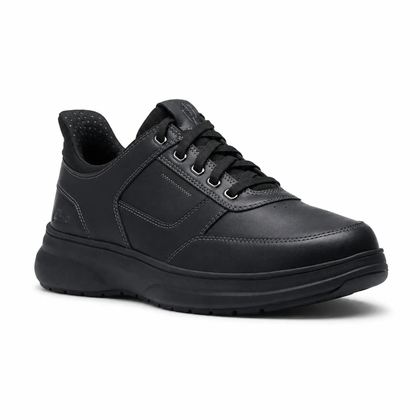 Black leather lace-up sneakers with padded collar and cushioned sole