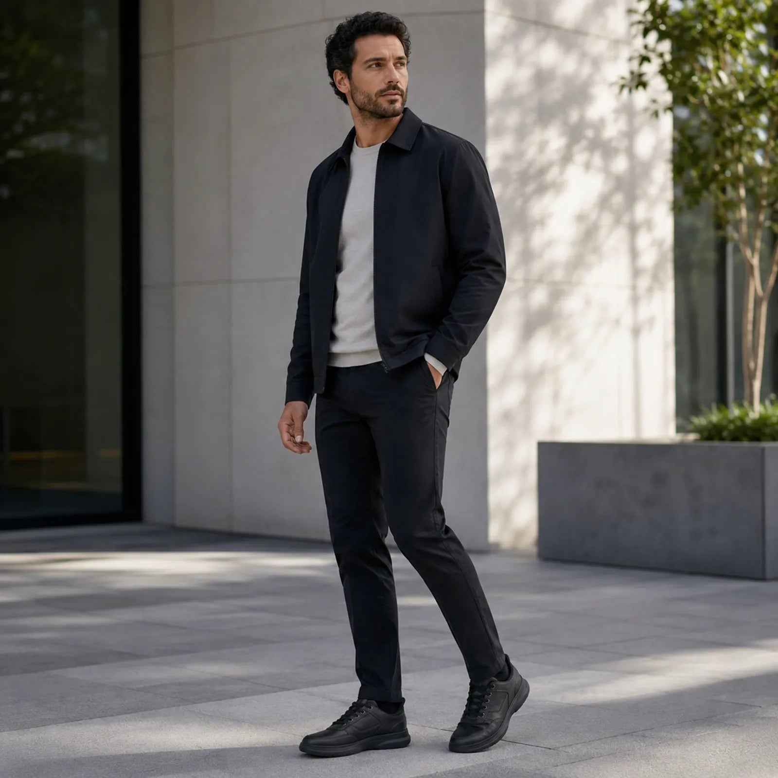 Black leather lace-up sneakers worn with dark trousers