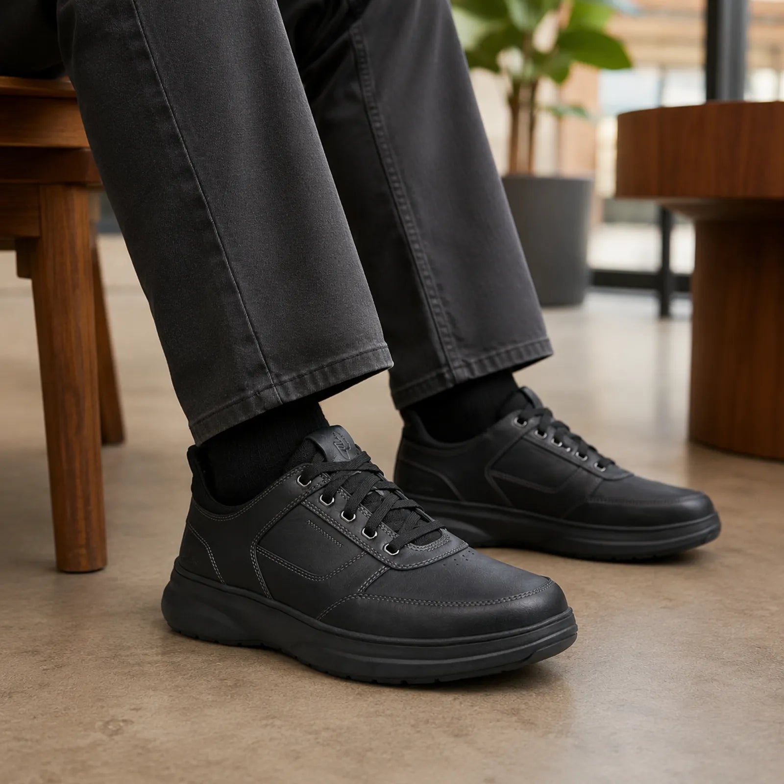 Black leather lace-up sneakers with thick sole and side stitching detail