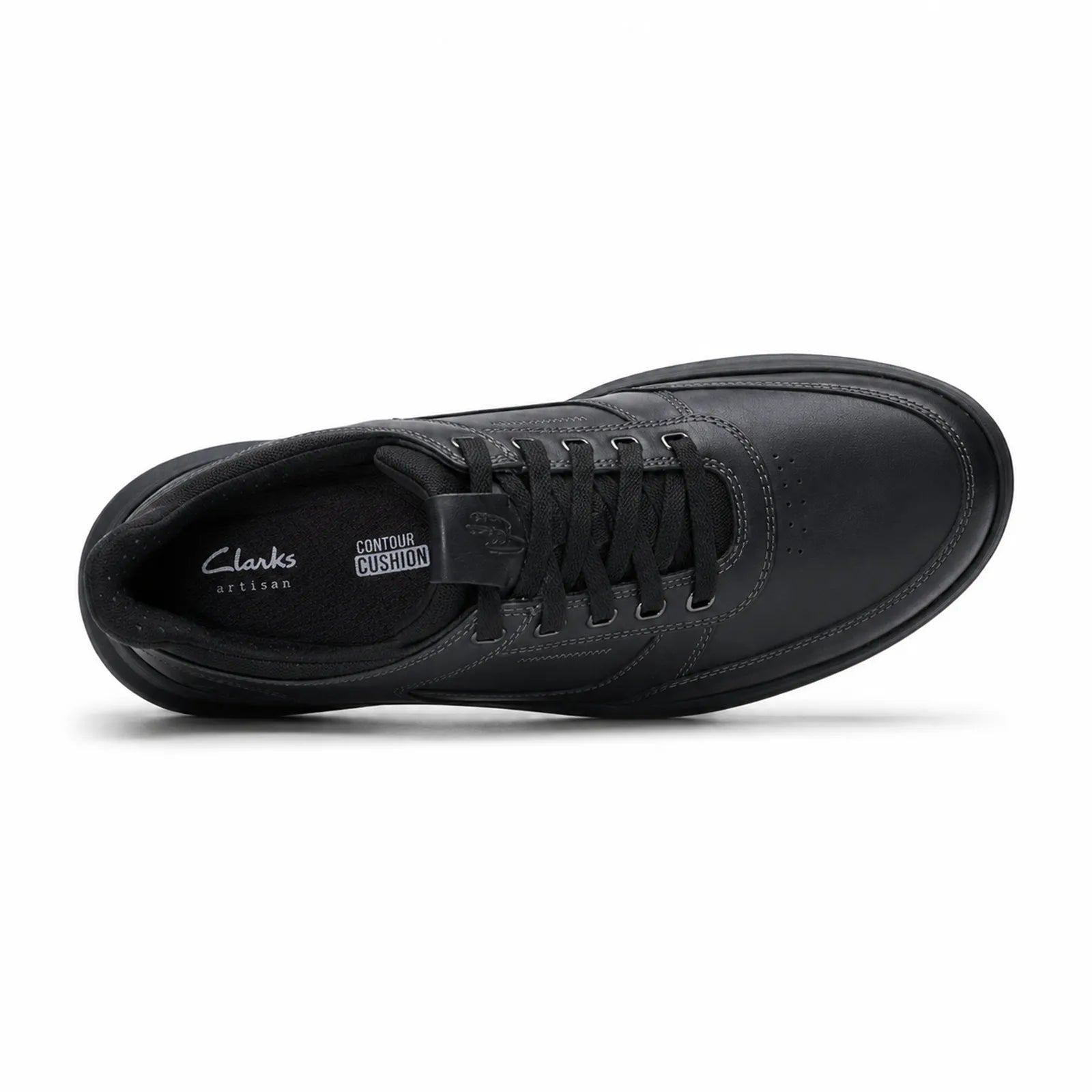 Black leather lace-up sneakers, side view with cushioned collar