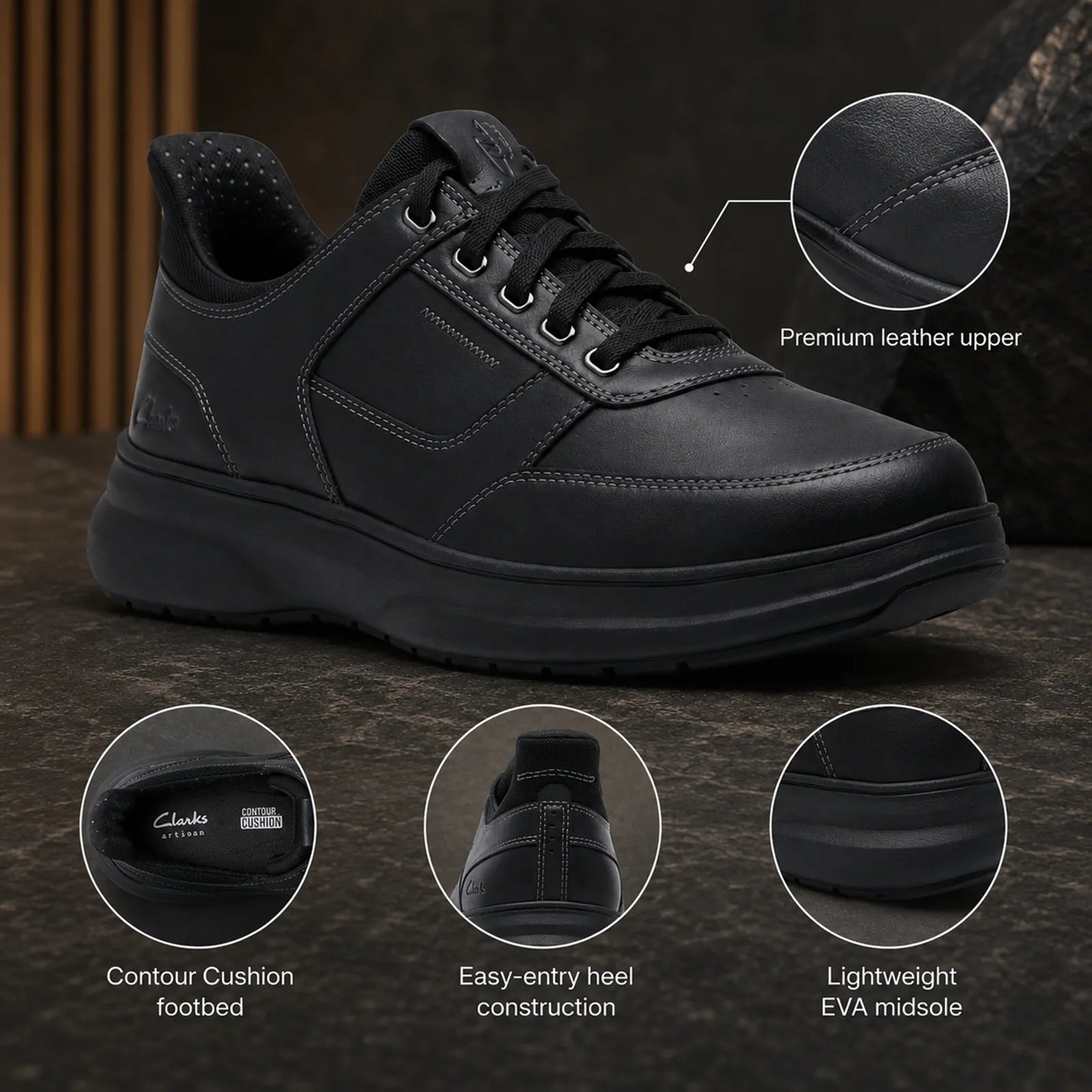 Black leather lace-up sneakers with thick midsole and cushioned heel