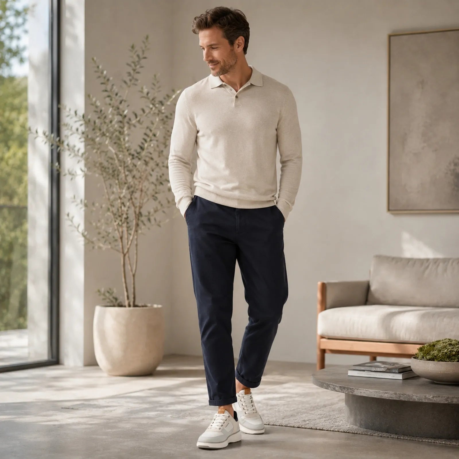 Cream leather lace-up sneakers worn with dark pants