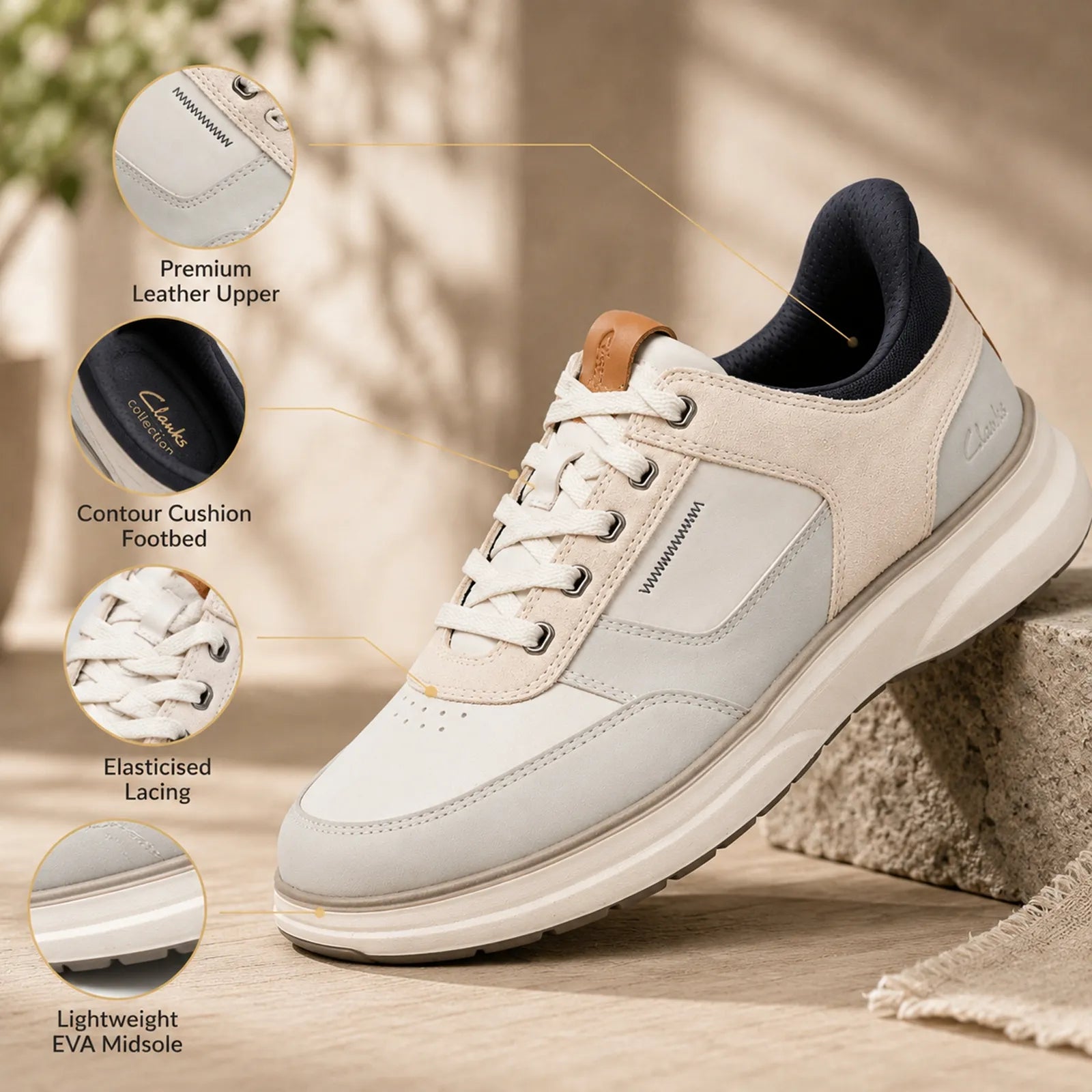 Men's white leather lace-up sneakers with cushioned sole