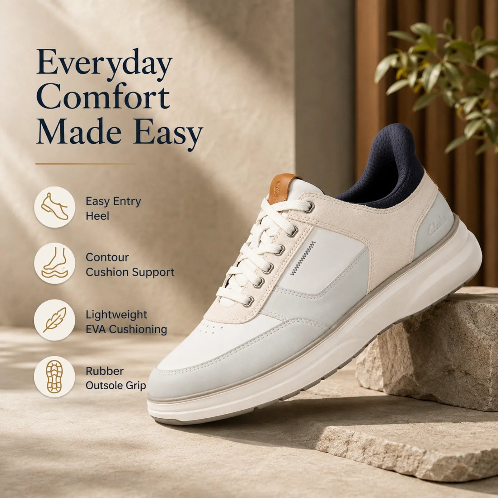 Men's white leather lace-up sneakers with rubber grip outsole
