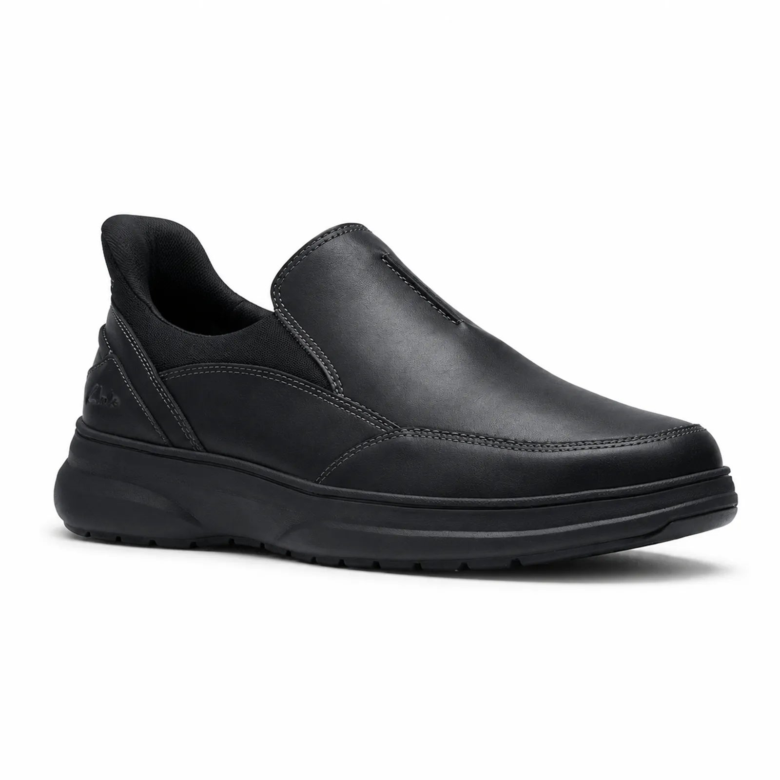 Men's black leather slip-on business shoe with cushioned sole