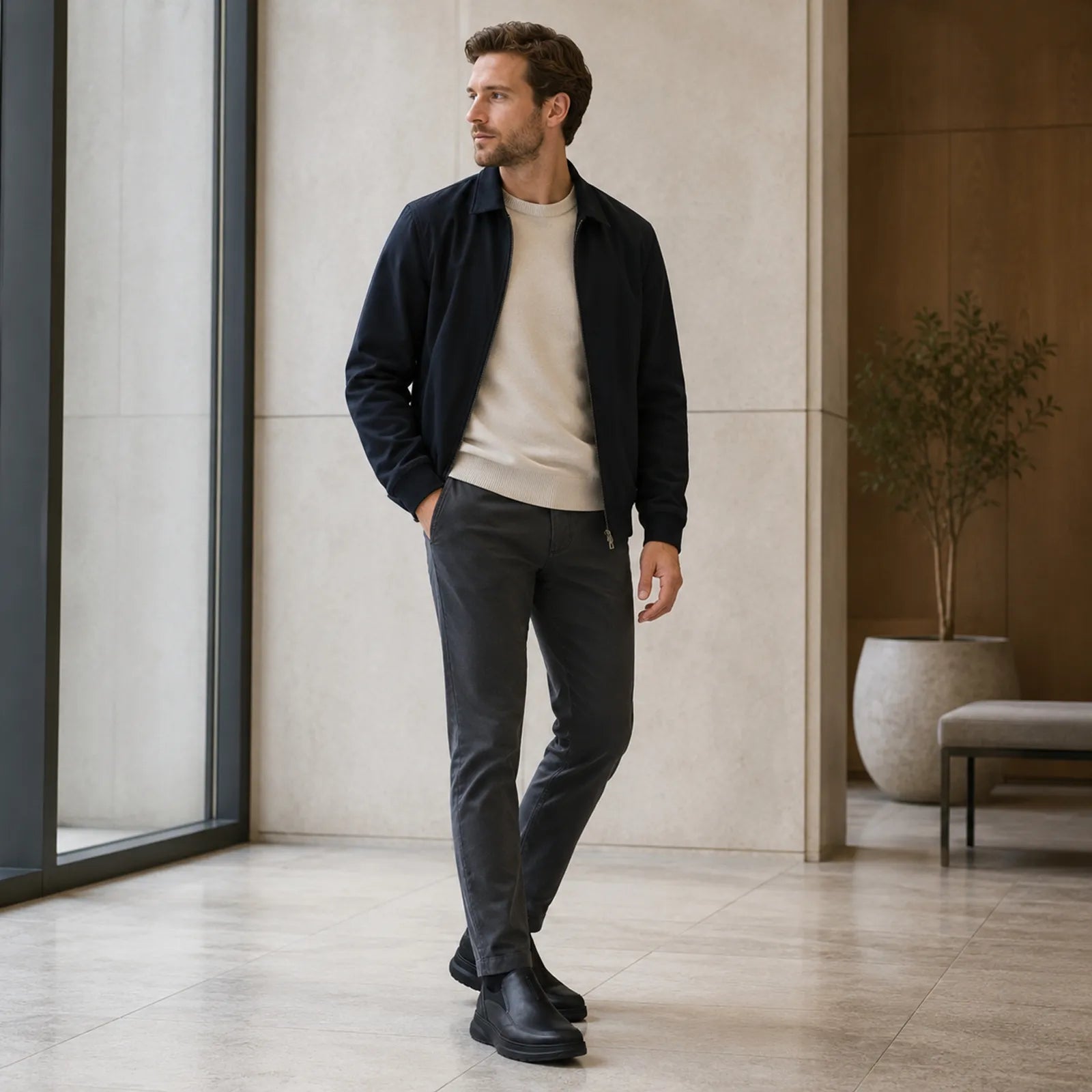 Men's black leather slip-on business shoe with side view, worn with dark trousers